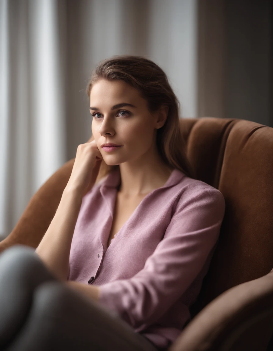 young woman siting on armchair in the style of light magenta and light gray, calm and meditative, barbizon school, exaggerated facial features, light brown and white, happycore, (upper body)