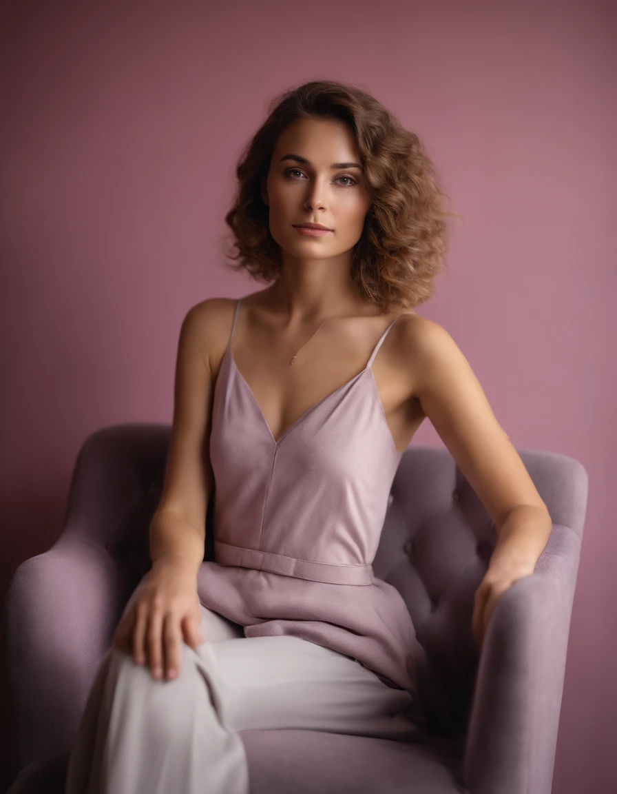 young woman siting on armchair in the style of light magenta and light gray, calm and meditative, barbizon school, exaggerated facial features, light brown and white, happycore, (upper body)