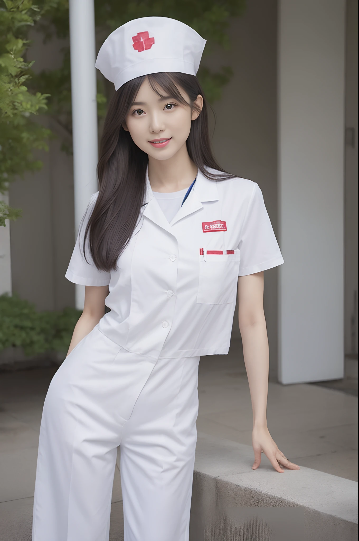 There was a woman in a white uniform, Nurse, full-body xianxia, nurse girl, healthcare worker, Fitted nurse uniform,White nurse hat,Split nurse overalls,Skinny white trousers,Nice nurse shoes,Beautiful face,The skin of the face is fair and shiny,beautidful eyes,Delicate hair,medium boob,petite and slender figure,Gravure pose,Stand dignified and generous,fully body photo