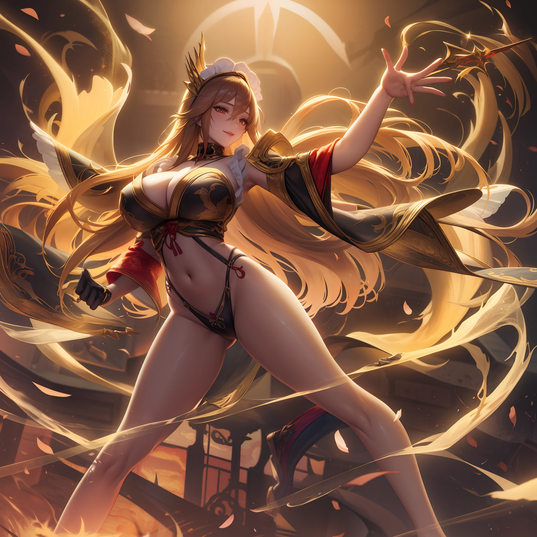 1girl in、nightcity、Sateen、Kimono without sleeves、A dark-haired、Holding a weapon with blood on it、Looking at the camera、Cherry blossoms are dancing,Unusually resistant、red blush、Looks distressed、Pleasant face、shrine maiden、valkyrie、Angel wings、a navel、sideboob barbosa、with an intricate、Particles of light、thighs thighs thighs thighs、shinny skin、Perfect litthing、1girl in、looking at the viewers、Winged headgear、pelvis curtain、A smile、(masterpiece)、(top-quality)、Very gigantic-breasts、maternal、Porcelain Skin、Very long hair、hair wavy、Royal sister,femele,A queen,putting on a crown,There are a lot of golden lightning around,sitting in a throne,Bangs cover the eyes,Black Suspender Socks,Black Lace Top,,High jump,Grab Erlang's leg,,Black Silk Top,married woman,mothers,domineering,smil,The corners of the mouth are raised,Red and gold eyes,Black silk erotic underwear,Black top,Black Silk Gloves,I have a gorse tattoo on my chest and thigh,There are many golden dragon scales on the arms,There are many golden dragon scales on the neck,Bright eye,dragon eyes,Snake's Eye,Upright pupils,There are golden stripes on the clothes,There is a golden pattern on the clothes,The socks have a golden pattern,tall figure,Expose the outside of the chest,Twisted blade hanging over the shoulder,Larger breasts ,With elongated dragon horns,Giant Golden Dragon Wings,Giant Golden Dragon Wings,Huge golden dragon wings as big as a body,The body is covered with huge golden dragon wings,golden pupils,Just a pair of wings,large wings,The biggest dragon wings,The biggest dragon wings,There are golden scales on the neck,Fingers are golden dragon claws,The elongated tail of the golden dragon、1girl in、nightcity、Sateen、Kimono without sleeves、A dark-haired、Holding a weapon with blood on it、Looking at the camera、Cherry blossoms are dancing,Strong best quality, (Extremely detailed: 1.5), masutepiece, 超A high resolution,(photographrealistic:1.4), 1 beautiful girl, Cowboy Shot, (Wear battle armor:1.4), (Wear battle ar