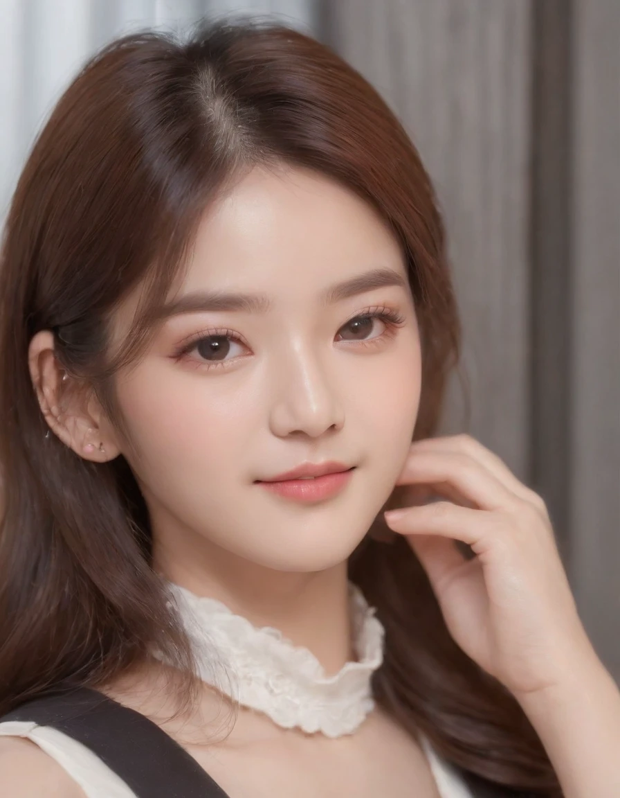 4k, High Resolution, Masterpiece, Best Quality, (Korean K-pop Idol), Face Highlighting, Pure, Girly, Flushing, 18-year-old smiling female classmate, Pure, Innocent, (Cinema Lighting), Clavicle, Morning, Soft Light, Dynamic Angle, [: (detailed face:1.2):0.2], tight vest, (medium close-up)