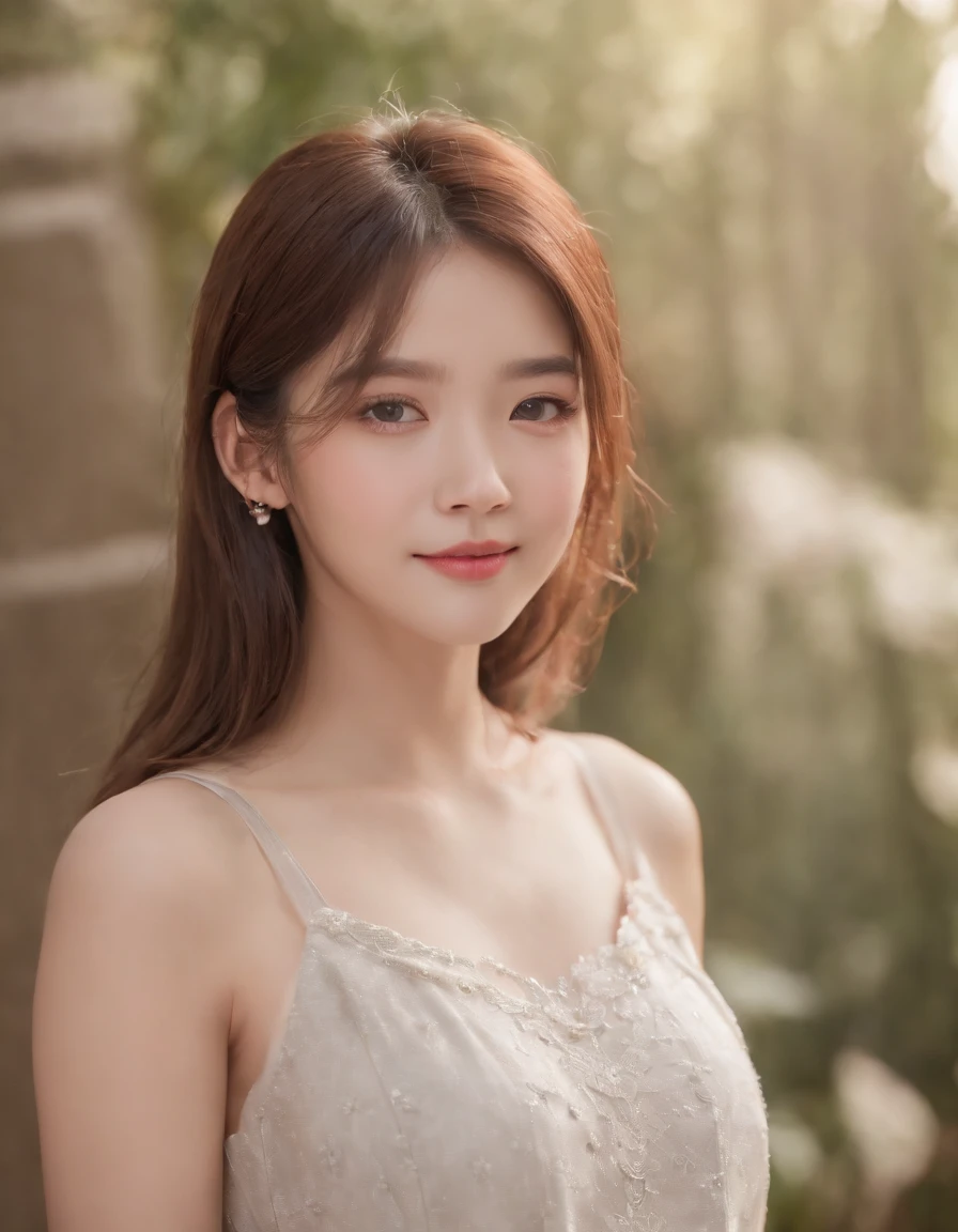 4k, High Resolution, Masterpiece, Best Quality, (Korean K-pop Idol), Face Highlighting, Pure, Girly, Flushing, 18-year-old smiling female classmate, Pure, Innocent, (Cinema Lighting), Clavicle, Morning, Soft Light, Dynamic Angle, [: (detailed face:1.2):0.2], tight vest, (medium close-up)