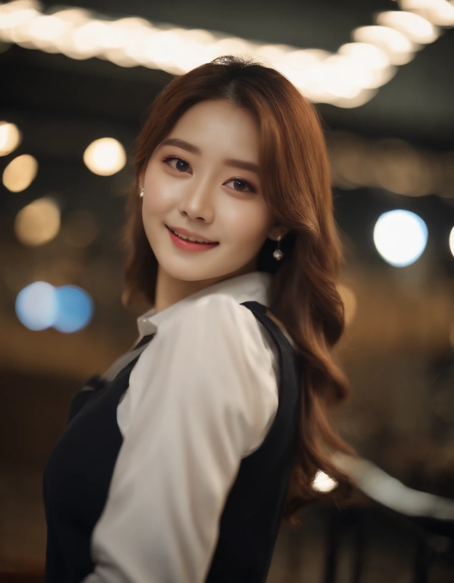 4k, High Resolution, Masterpiece, Best Quality, (Korean K-pop Idol), Face Highlighting, Pure, Girly, Flushing, 18-year-old smiling female classmate, Pure, Innocent, (Cinema Lighting), Clavicle, Morning, Soft Light, Dynamic Angle, [: (detailed face:1.2):0.2], tight vest, (medium close-up)