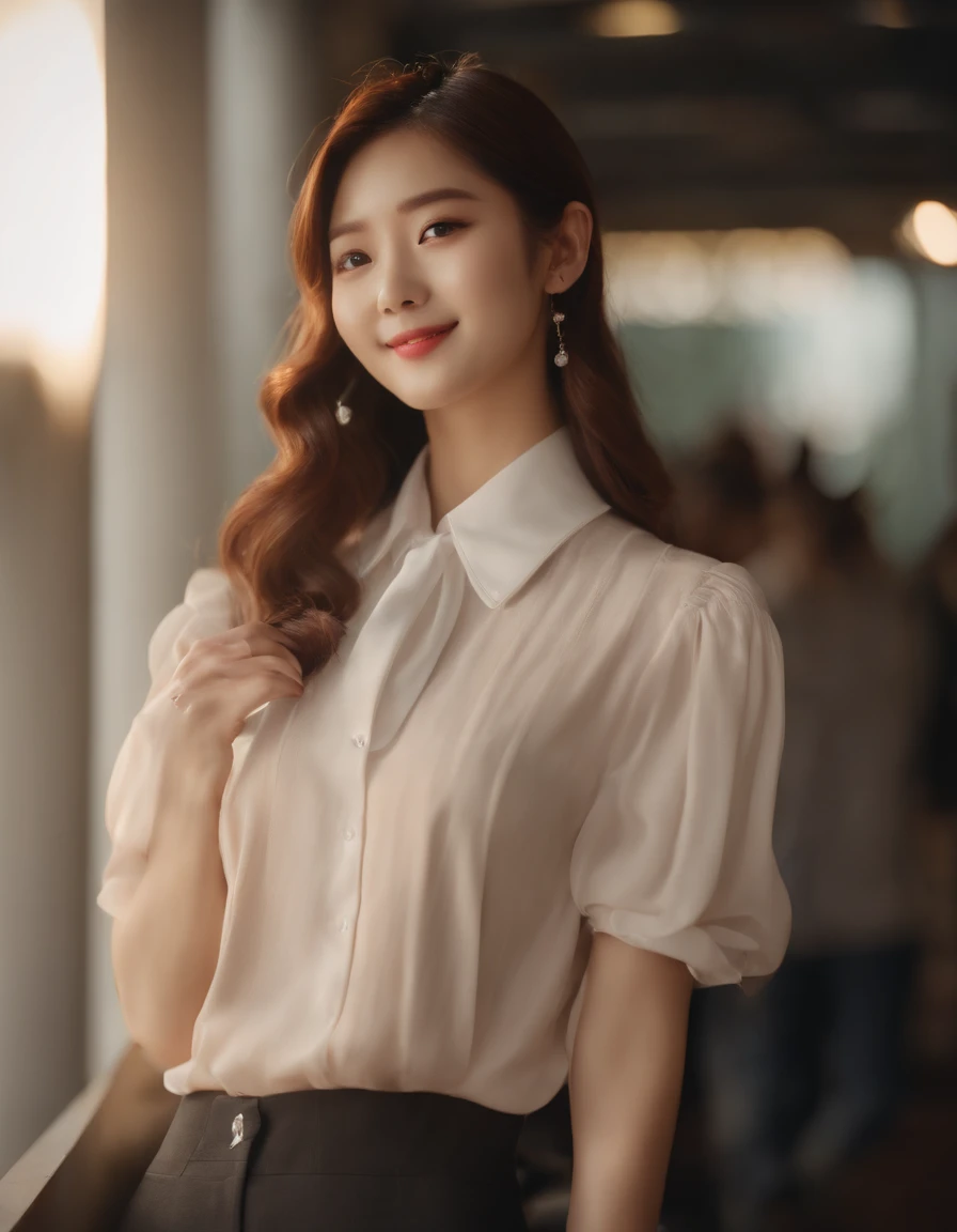 4k, High Resolution, Masterpiece, Best Quality, (Korean K-pop Idol), Face Highlighting, Pure, Girly, Flushing, 18-year-old smiling female classmate, Pure, Innocent, (Cinema Lighting), Clavicle, Morning, Soft Light, Dynamic Angle, [: (detailed face:1.2):0.2], tight vest, (medium close-up)