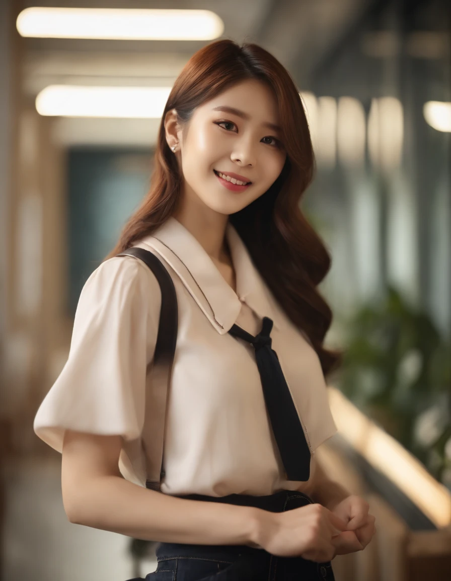 4k, High Resolution, Masterpiece, Best Quality, (Korean K-pop Idol), Face Highlighting, Pure, Girly, Flushing, 18-year-old smiling female classmate, Pure, Innocent, (Cinema Lighting), Clavicle, Morning, Soft Light, Dynamic Angle, [: (detailed face:1.2):0.2], tight vest, (medium close-up)
