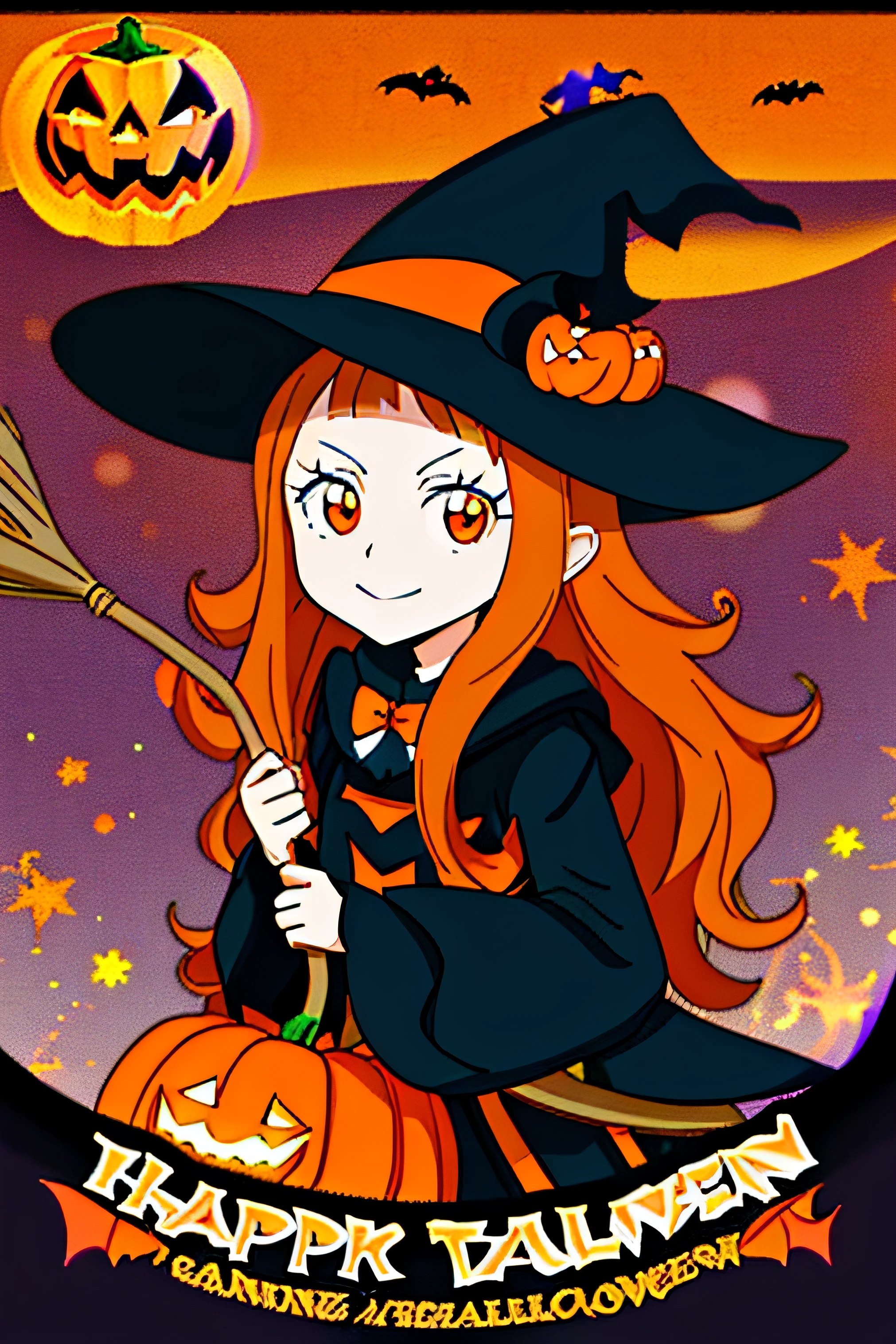 Close-up of cartoon characters with broom and pumpkin, the witch, Trick or Treat, Splash art anime Loli, halloween art style, bright witch, witch academia, portrait of a young witch girl, halloween theme, sorceress woman, witch fairytale, in a halloween style, character art of maple story, witch, scarry but bewitching