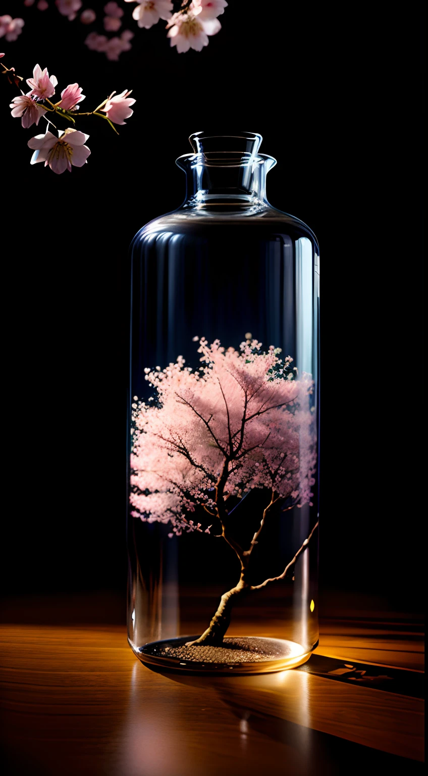 Cherry blossom tree in a bottle, Fluffy, Realistic, Atmospheric light refraction, author：Lee Jeffries Nikon D850 Film Stock Photo 4 Kodaport 400 Camera F1.6 photos Rich colors Ultra-realistic textures Dramatic lighting Unreal Engine trends Art Station Movie Still 800, Style-Glass