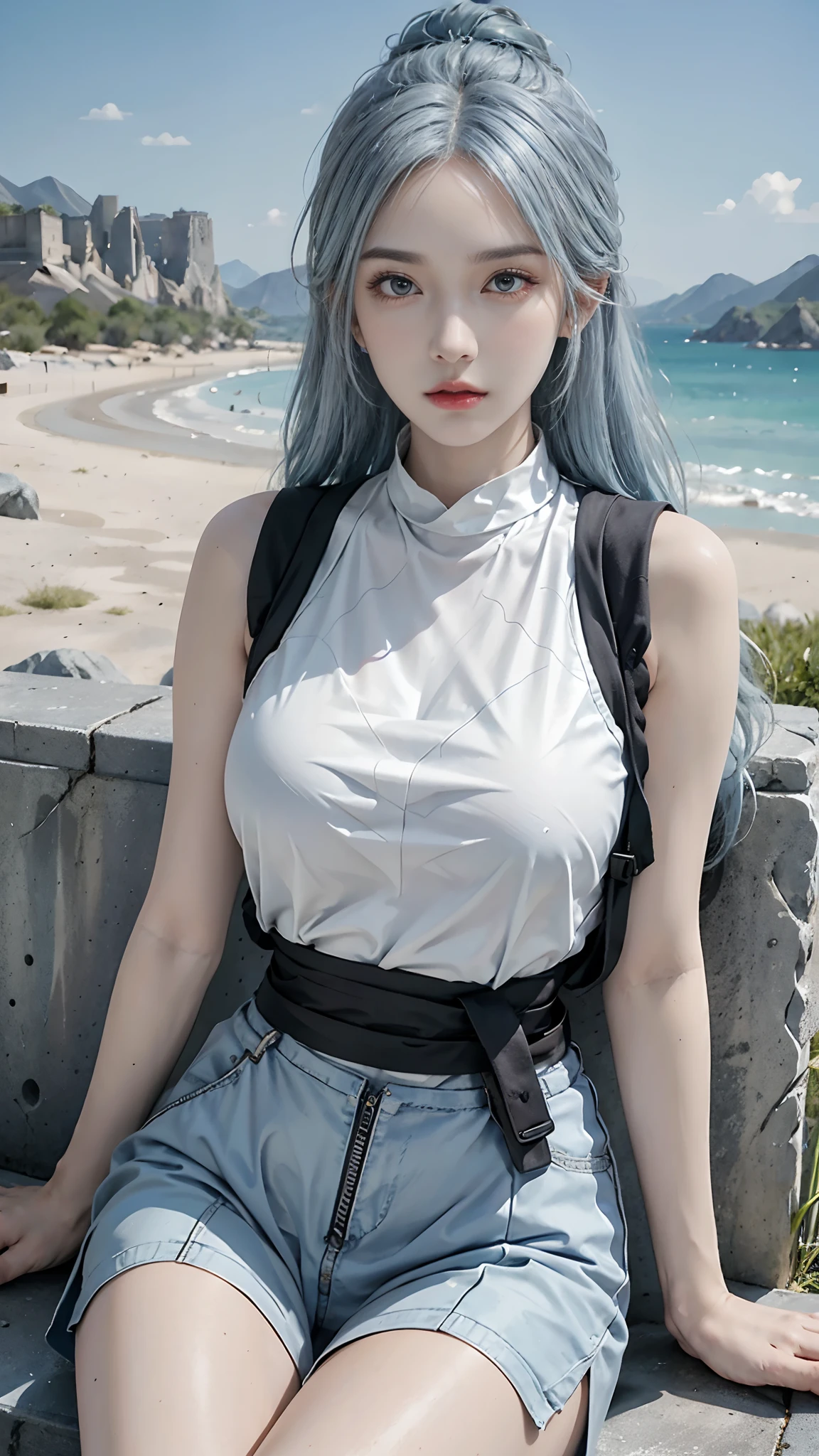 Photorealistic, high resolution, 1womanl, Solo, Hips up, view the viewer, (Detailed face), sky blue hair, SWAT vests, jewelry, battlefield outfit, sky blue outfit, bare waists, battlefield looking, battlefield background, attractive pose, sitting,