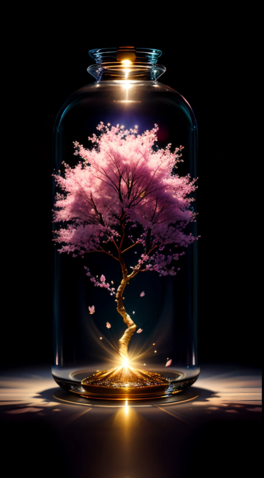 Cherry blossom tree in a bottle, Fluffy, Realistic, Atmospheric light refraction, author：Lee Jeffries Nikon D850 Film Stock Photo 4 Kodaport 400 Camera F1.6 photos Rich colors Ultra-realistic textures Dramatic lighting Unreal Engine trends Art Station Movie Still 800, Style-Glass