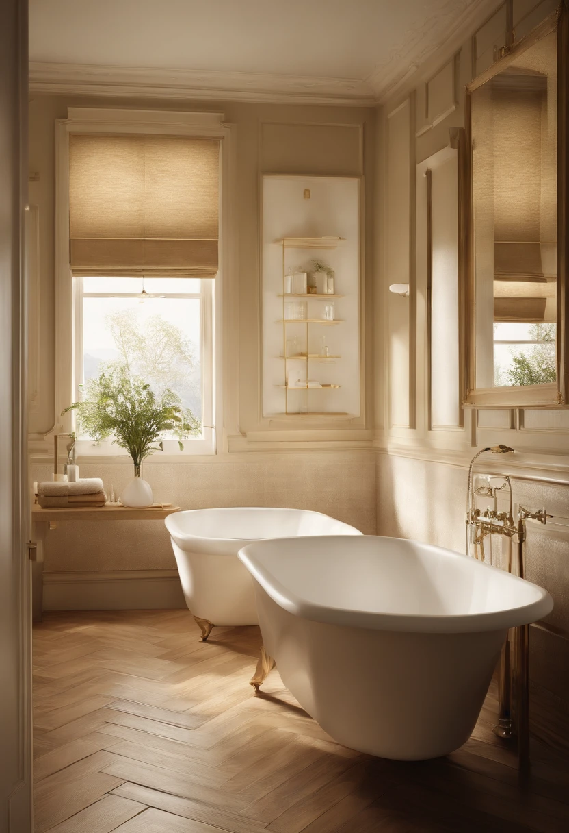 A woman and a  in the bathtub, Wipe your childir with a towel. The image should be realistic and realistic, Depict the bottom angle view and capture the early morning glow. The color palette should have warm tones，The scene should include wooden floors. The image should have the quality of a product introduction photo, Showcase stylish designs for award-winning bathroom concepts. The artwork should have been created by Thomas Hefner, Known for its innovative product design and exquisite craftsmanship. The image should also contain V-ray renderings to enhance lighting. The overall composition should be a highly detailed and visually stunning masterpiece, Showcase the deep and rich shades of the product. The scene should capture the intricate details of the bathroom design, Create immersive, captivating visual experiences.