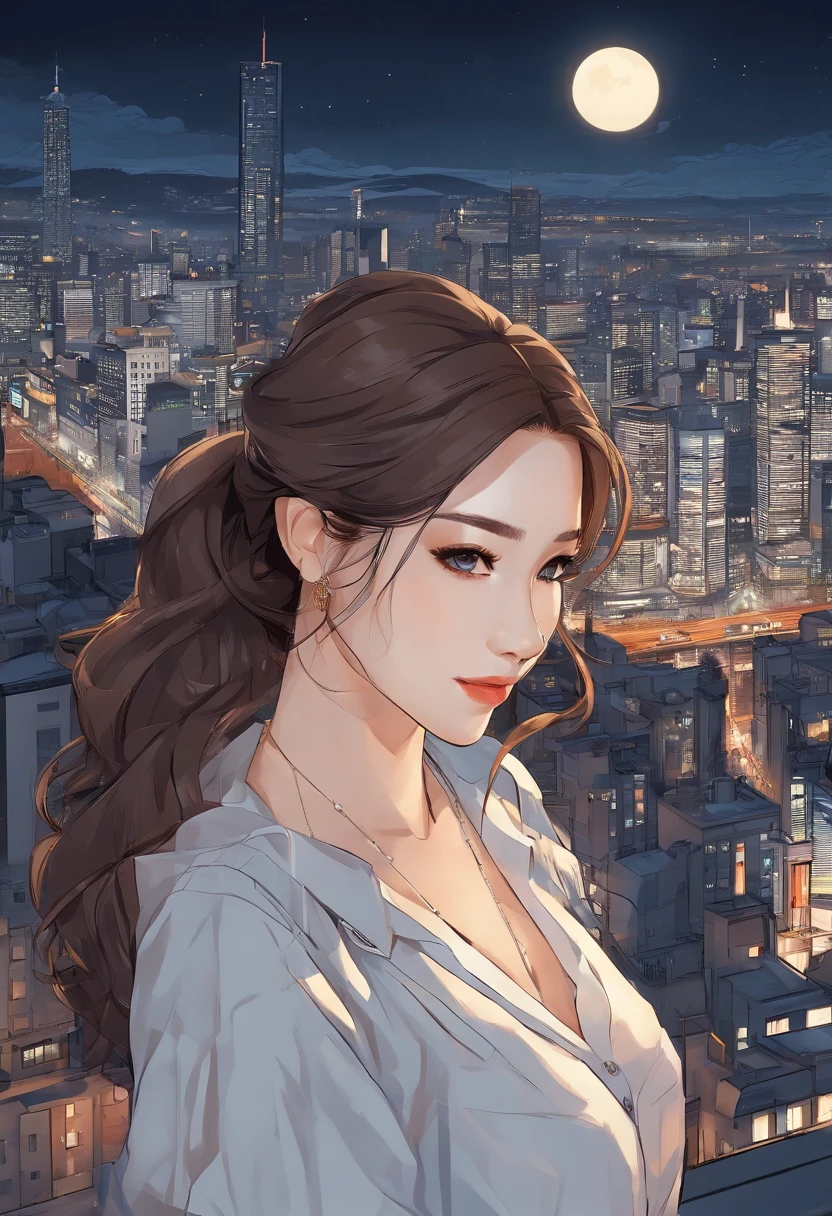 ((Midnight, Best quality, 8k, Masterpiece :1.3)), Whole body, Long legs, Sharp focus :1.2, A pretty woman with perfect figure :1.4, Slender abs :1.1, ((Dark brown hair, Big breasts :1.2)), (White tight tshirt, Jean bib, Standing:1.2), ((Night city view, Rooftop:1.3)), Highly detailed face and skin texture, Detailed eyes, Double eyelid