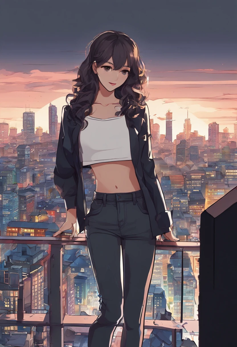 ((Midnight, Best quality, 8k, Masterpiece :1.3)), Whole body, Long legs, Sharp focus :1.2, A pretty woman with perfect figure :1.4, Slender abs :1.1, ((Dark brown hair, Big breasts :1.2)), (White tight tshirt, Jean bib, Standing:1.2), ((Night city view, Rooftop:1.3)), Highly detailed face and skin texture, Detailed eyes, Double eyelid
