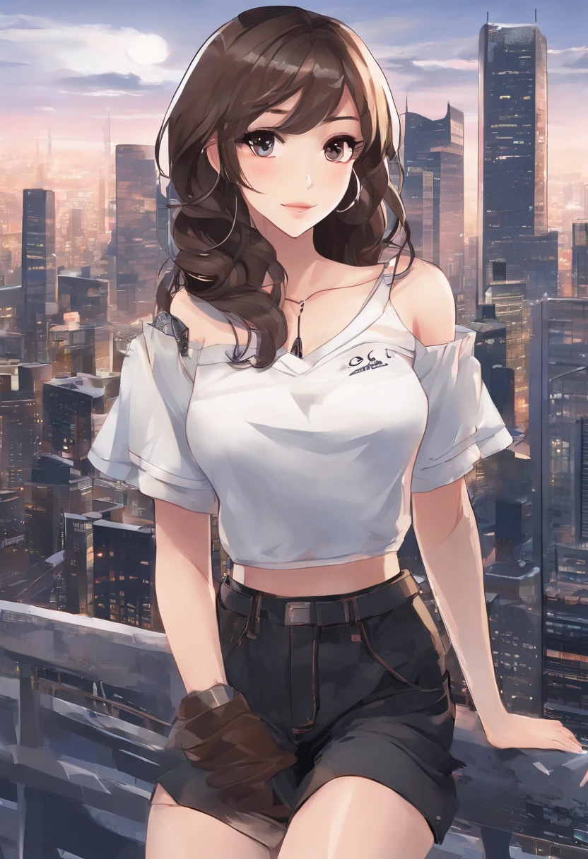 ((Midnight, Best quality, 8k, Masterpiece :1.3)), Whole body, Long legs, Sharp focus :1.2, A pretty woman with perfect figure :1.4, Slender abs :1.1, ((Dark brown hair, Big breasts :1.2)), (White tight tshirt, Jean bib, Standing:1.2), ((Night city view, Rooftop:1.3)), Highly detailed face and skin texture, Detailed eyes, Double eyelid