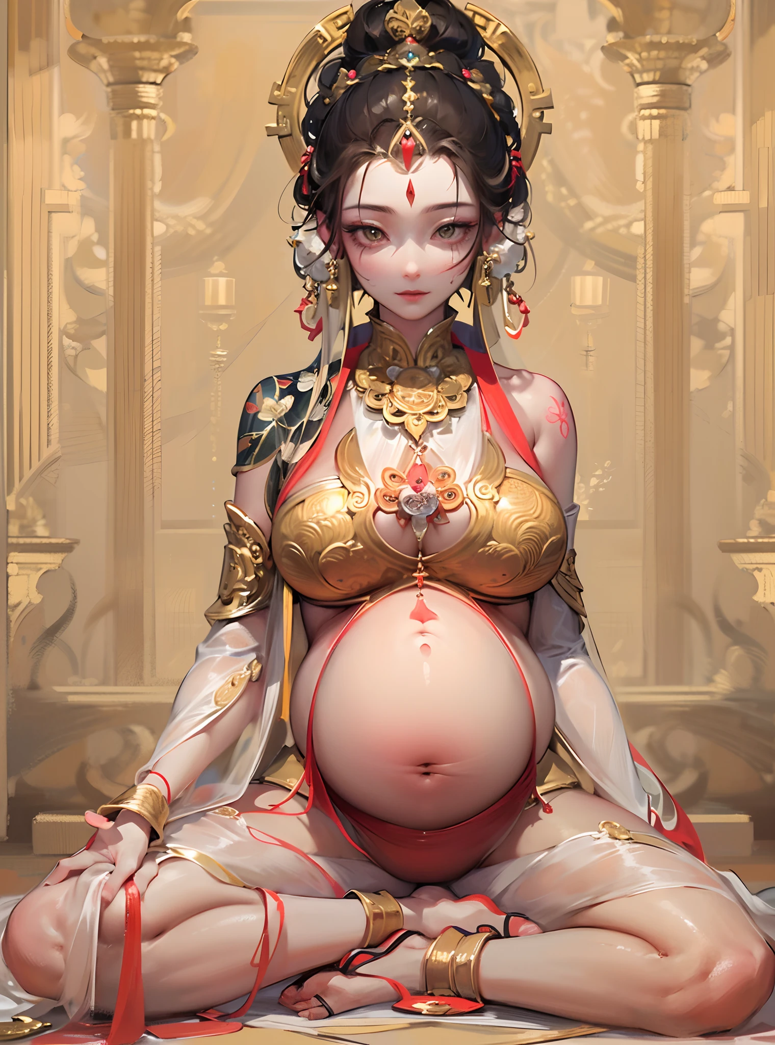 ((tmasterpiece)),(Best quality at best),(A half body),Facing the lens,(ultra intricately detailed),(Highest definition),(8K),(Clean lines),(Perfect facial features,Perfect flesh),(offcial art),1girll,bodhisattva,(pregnant women with),Meditate cross-legged,paleskin