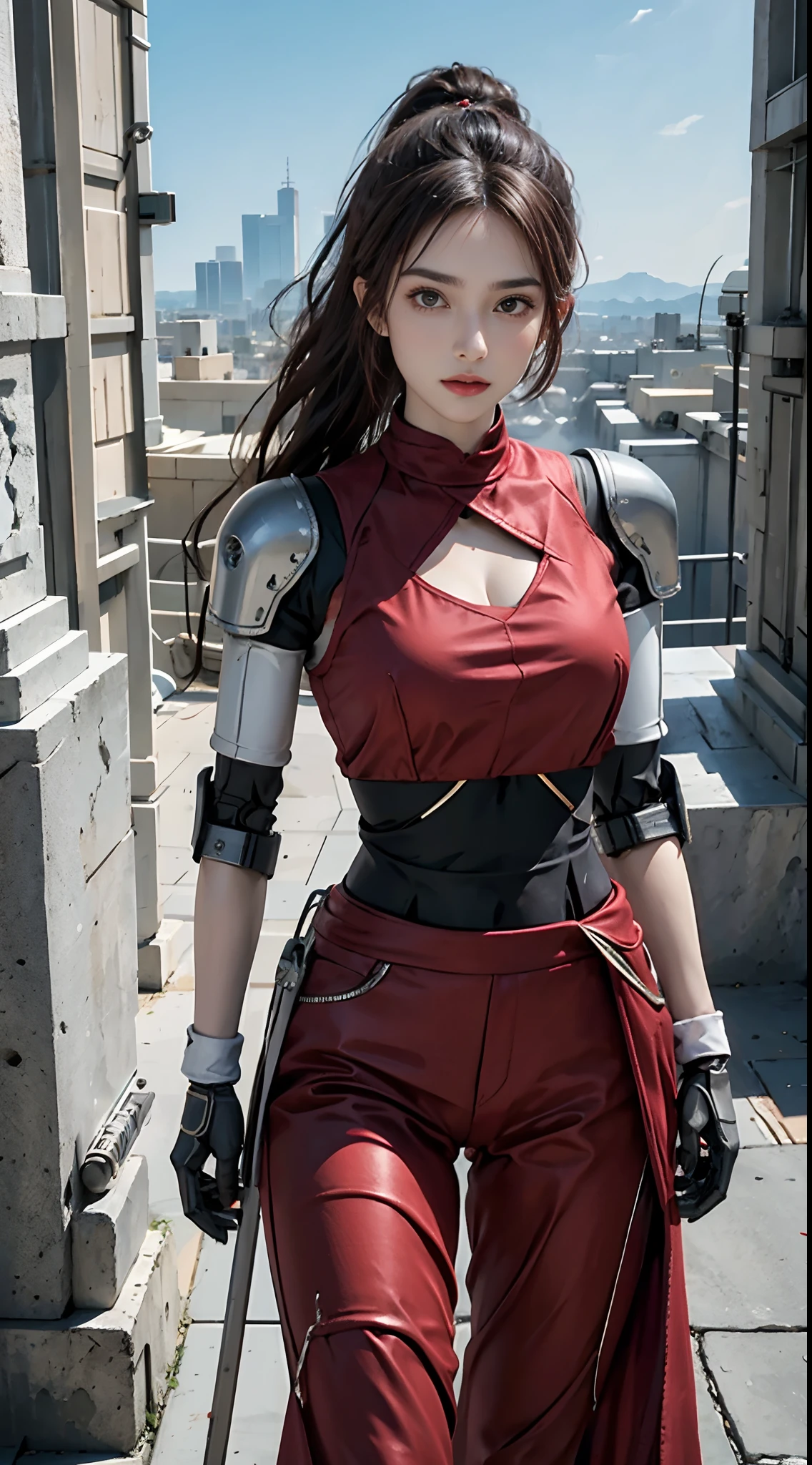 Masterpiece, 1 beautiful girl, Detailed, Swollen eyes, Top quality, 超高分辨率, (reality: 1.4), Original photo, 1girll, Cinematic lighting, Smiling,(huge tit) ,Asian beauty, Korean female, Clean, Super beautiful, little young face, Beautiful skin, Slender, Cyberpunk background, (Ultra photo realsisim), (high resolution), (8K), (Very detailed), (Best Illustration), (Beautifully detailed eyes), (Super detailed), (the wallpaper), (Detailed face), audience looking, finedetail, Detailed face, pureerosfaceace_V1, Smiling, 46-point oblique bangs, Staring straight ahead, Neat and clean clothes, Black colored eyes, Red armor, Traditional Japanese red armor, Short skirt, The hair color is bright red, body facing front, nice thigh,