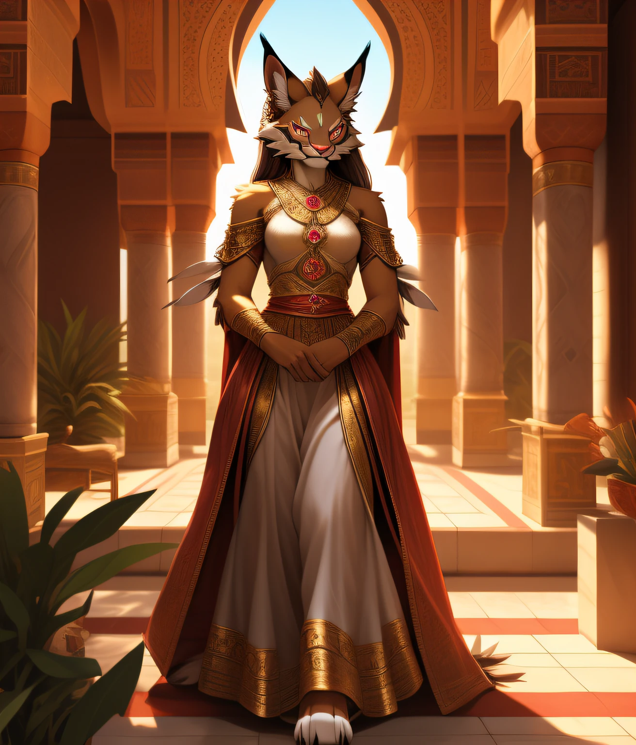 FEMALE, (((FRONT))) nj5furry, ( Leomon, massive, huge), Leomon, ((extremely realistic shadows, masterpiece, extremely detailed, photorealistic)), kemono, female, Leomon, ((detailed face)) red nose, purple eyes, ((detailed eyes)), brown skin, brown fur, brown hair, height 2 meters high, the optimal height, graceful, physical curvaceous, royal woman, 40s, relaxed posture, carefree expression, friendly, beautiful and detailed, beautiful, white ruffled shirt, ornate cloak covering her shoulders, ornate cloth skirt, ballerina figure, narrow waist, silver fur and grey, long hair combed elegantly back, red nose, cyan eyes.Arabic style palace behind him with a beautiful garden. ((FRONT))