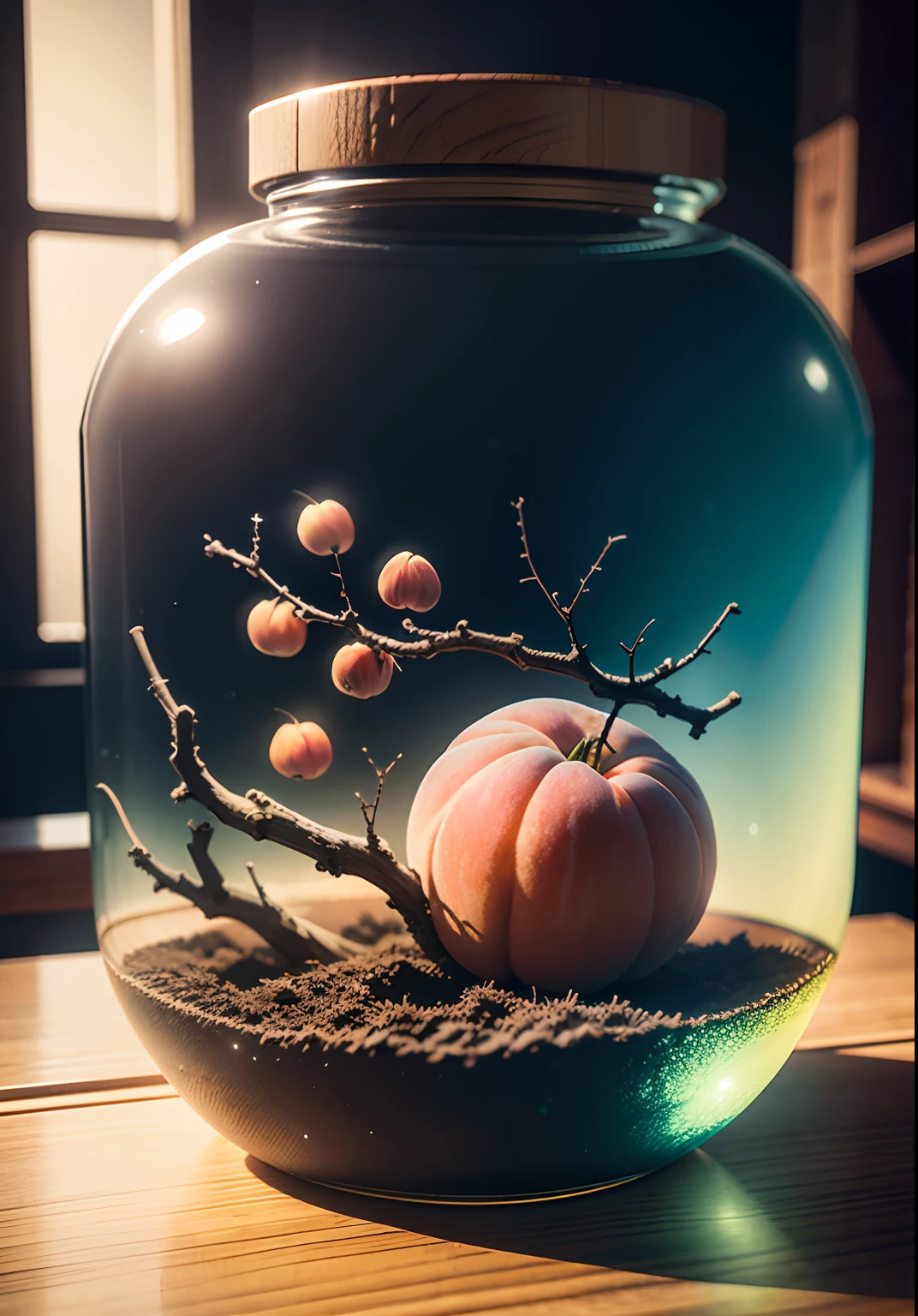 Inside the glass bottle is a peach tree,Frontal photo,Photographic grade,Dynamic surrealism, High detail, cubismo, god light, Vignetting, Glowing light, hyper HD, Masterpiece, ccurate, Super detail, High details, High quality, Best quality, A high resolution, 8K
