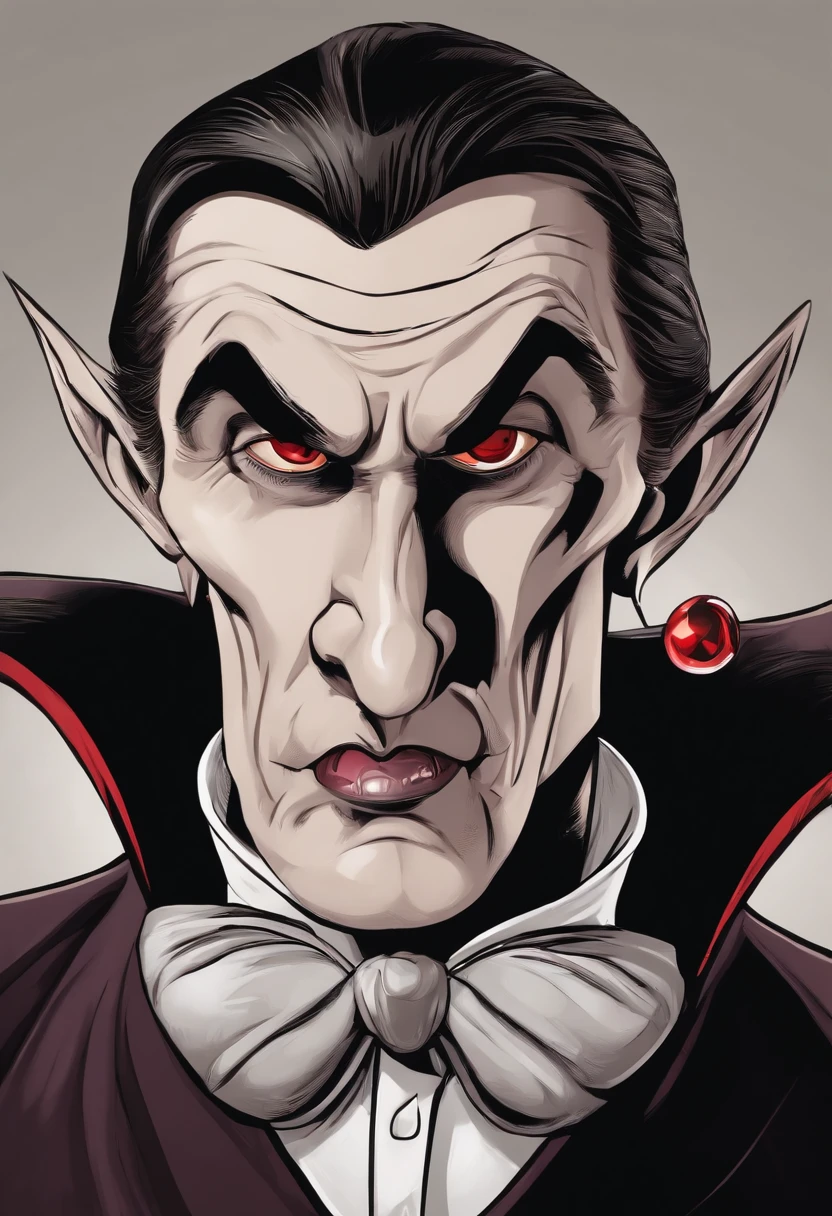 A bad-looking Dracula wearing a child's pacifier. cartoon 4k