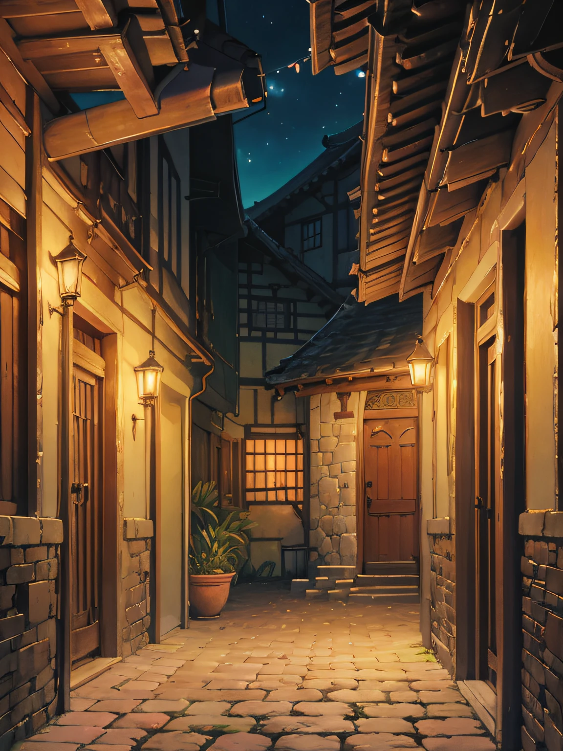 In the 80s of the 19th century, Rural China，Adobe brick house，One-story low house，There is a painting of a house with a patio and a table, Detailed scenery —width 672, immensely detailed scene, Multidimensional cozy little yard, highly detailed scenario, high detal), hyper detailed scene, high detal, realistic 3 d style，cozy place, peaceful scene，Works of masters，Anime background art，ghibli studio art