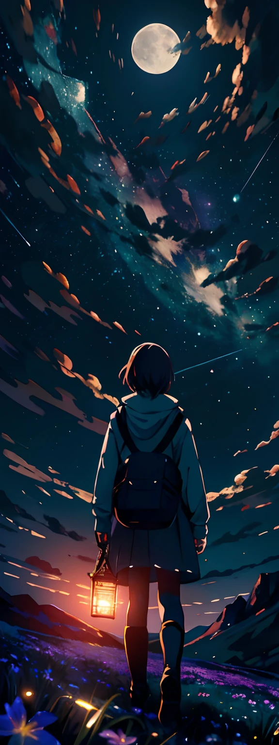 Expansive landscape photograph, (view from below with a view of the sky and the wilderness below), little girl standing in a flower field looking up, (full moon: 1.2), (shooting star: 0.9), (nebula: 1.3), distant mountain, tree break production art, (warm light source: 1.2), (firefly: 1.2), lamp, purple and orange, intricate detail, volume lighting BREAK (masterpiece: 1.2), (highest quality ), 4k, ultra-detailed, (dynamic configuration: 1.4), highly detailed and colorful details (iridescent: 1.2), (sparkling lighting, atmospheric lighting), dreamy, magical, (solo: 1.2)