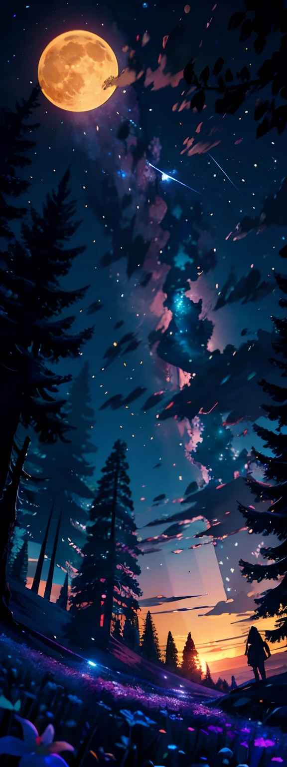 Expansive landscape photograph, (view from below with a view of the sky and the wilderness below), little girl standing in a flower field looking up, (full moon: 1.2), (shooting star: 0.9), (nebula: 1.3), distant mountain, tree break production art, (warm light source: 1.2), (firefly: 1.2), lamp, purple and orange, intricate detail, volume lighting BREAK (masterpiece: 1.2), (highest quality ), 4k, ultra-detailed, (dynamic configuration: 1.4), highly detailed and colorful details (iridescent: 1.2), (sparkling lighting, atmospheric lighting), dreamy, magical, (solo: 1.2)
