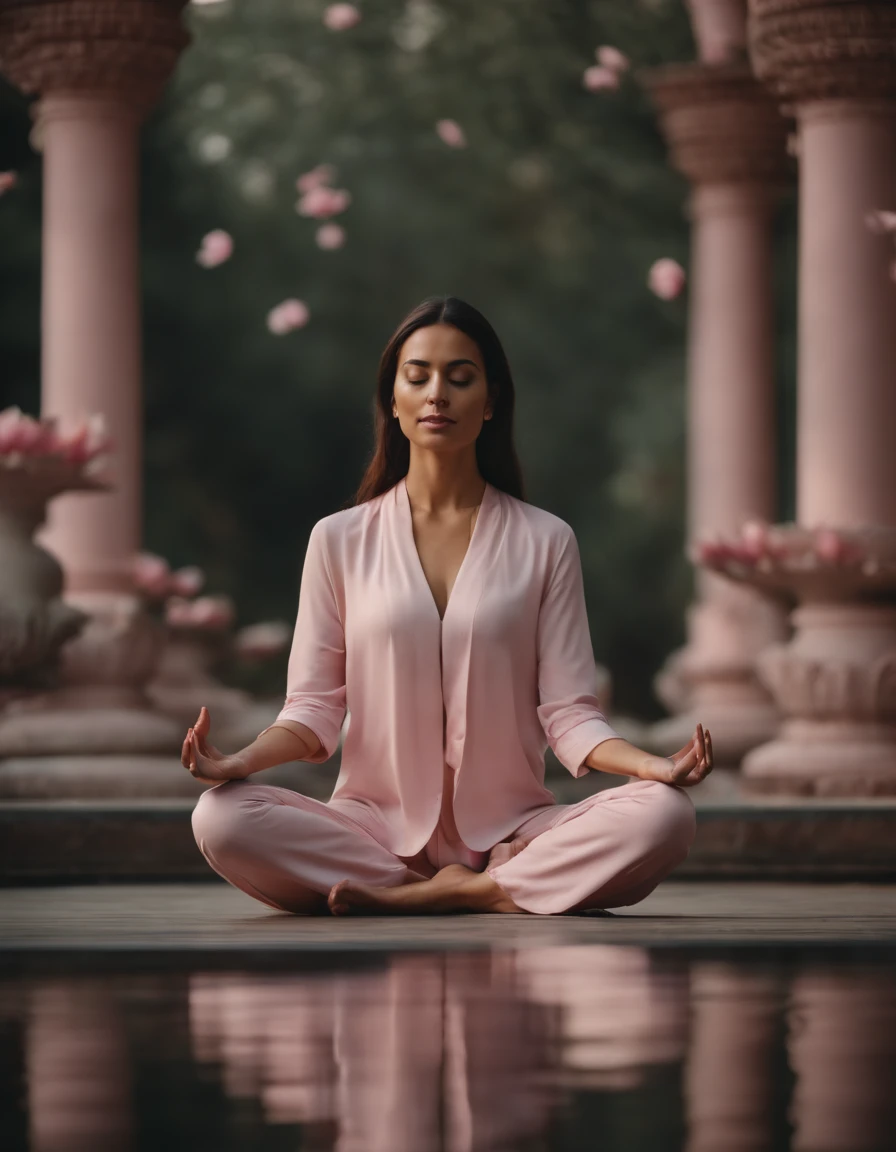 woman in lotus flower pose meditating, surreal setting, pale pink colors, high quality photography, (medium long shot)