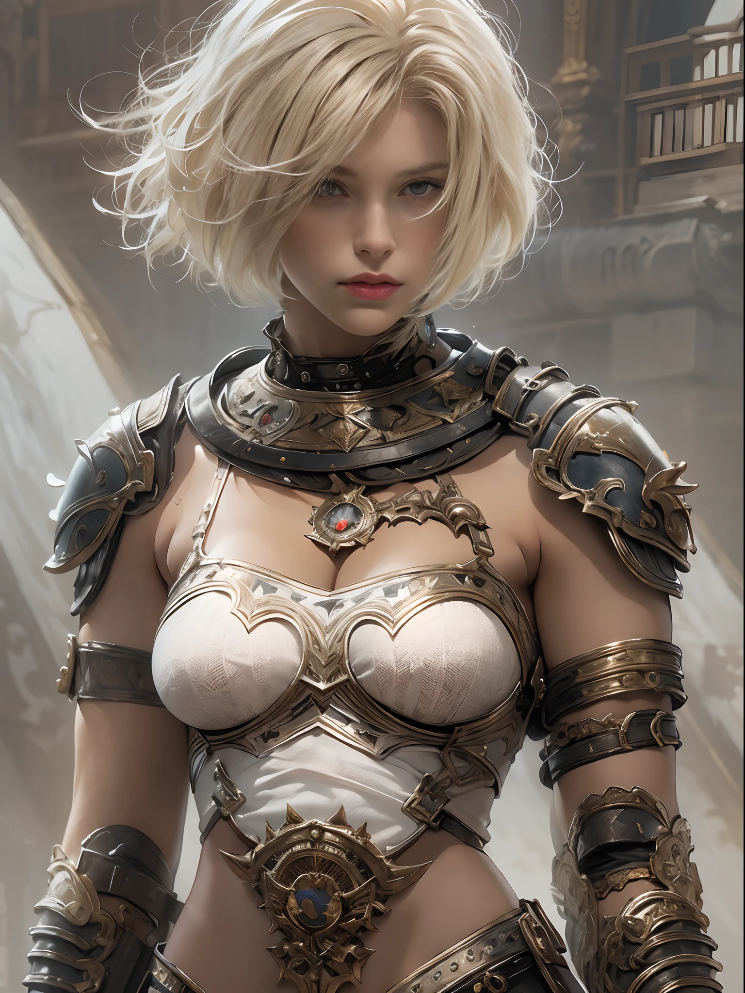 (((of the highest quality: 1.4))),(unparalleled masterpiece ever), (Ultra high definition),(Ultra realistic 8K CG), (((adult body))), (((1girl in))), ((( Bob Shorthair ))), Gladiators with perfect bodies,,Beautiful and well-groomed face,muscular body:1.4,Detailed breastplate, gauntlets、is standing, (Image from head to thigh),(( White Blonde Bob Shorthair )),, Simon Bisley's urban savage style,Detailed ancient Roman background,Clean abs, Complex equipment, Dark brown with white stars and gray and white stripes,,,s Armor, Poison tattoo