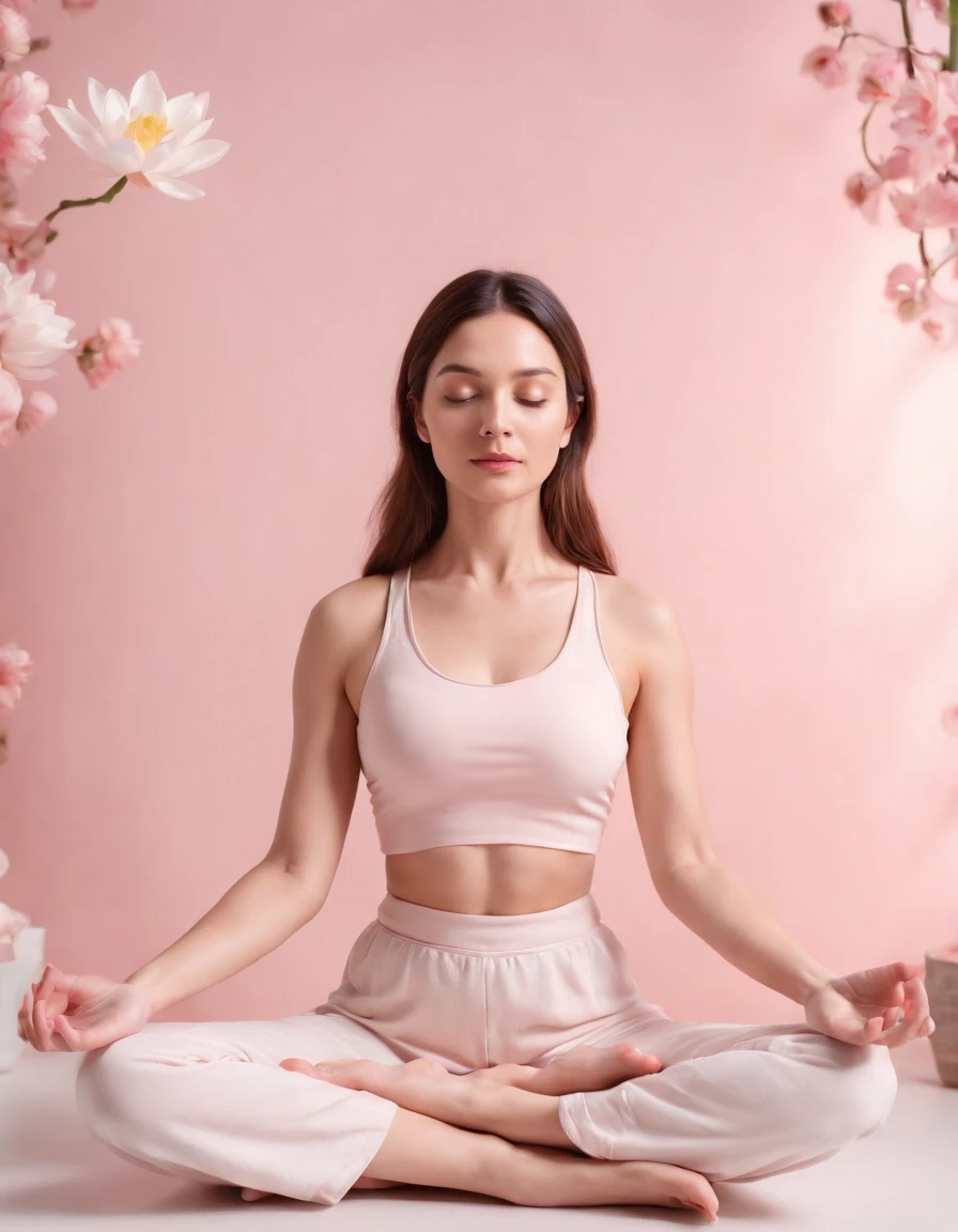 woman in lotus flower pose meditating, surreal setting, pale pink colors, high quality photography, (medium long shot)