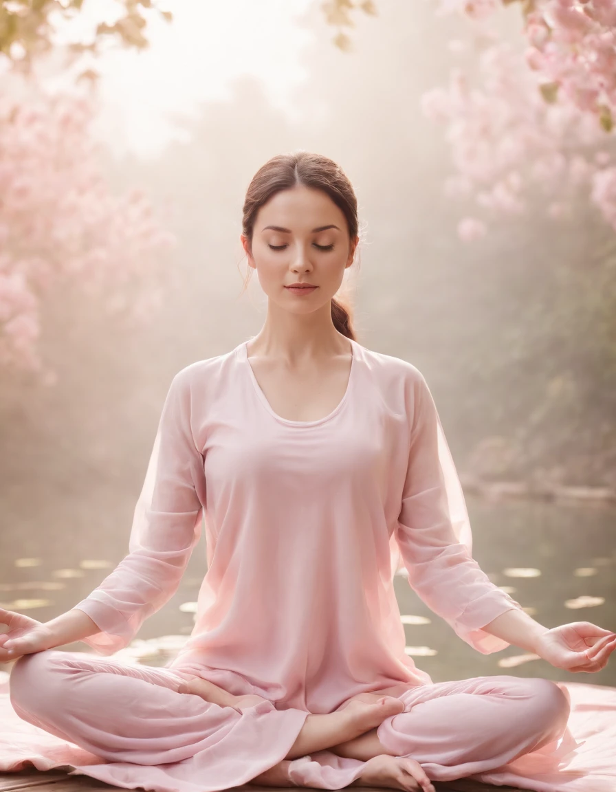 woman in lotus flower pose meditating, surreal setting, pale pink colors, high quality photography, (medium long shot)