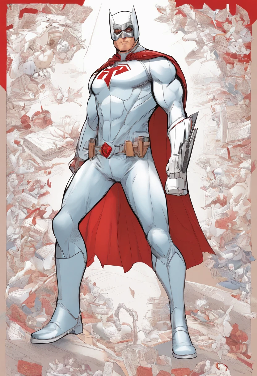 male superhero, white uniform, red details, red cape, red boots and gloves, white mask,
fair skin, without red details between the eyes, with blond hair showing,
symbol of a letter V on the chest. --ar 7_11 --u. --ar 7_11 --u, comic book.