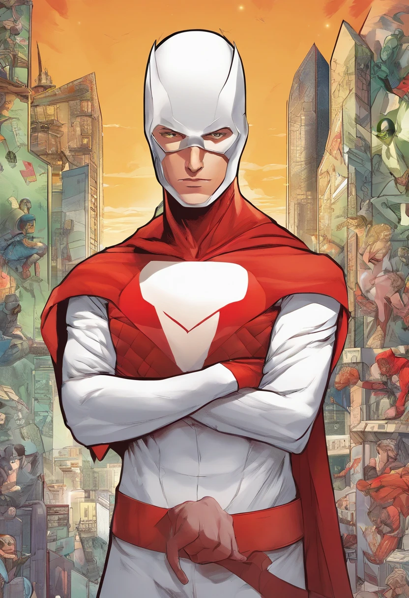 male superhero, white uniform, red details, red cape, red boots and gloves, white mask,
fair skin, without red details between the eyes, with blond hair showing,
symbol of a letter V on the chest. --ar 7_11 --u. --ar 7_11 --u, comic book.