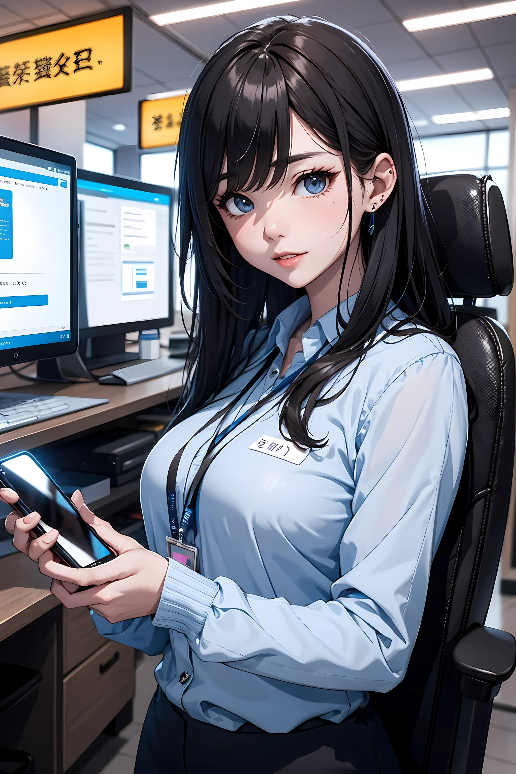 The office district of the near future、Office worker using a smartphone mounted on his arm。Beauty OL,Holograms displayed from a smartphone on your arm、