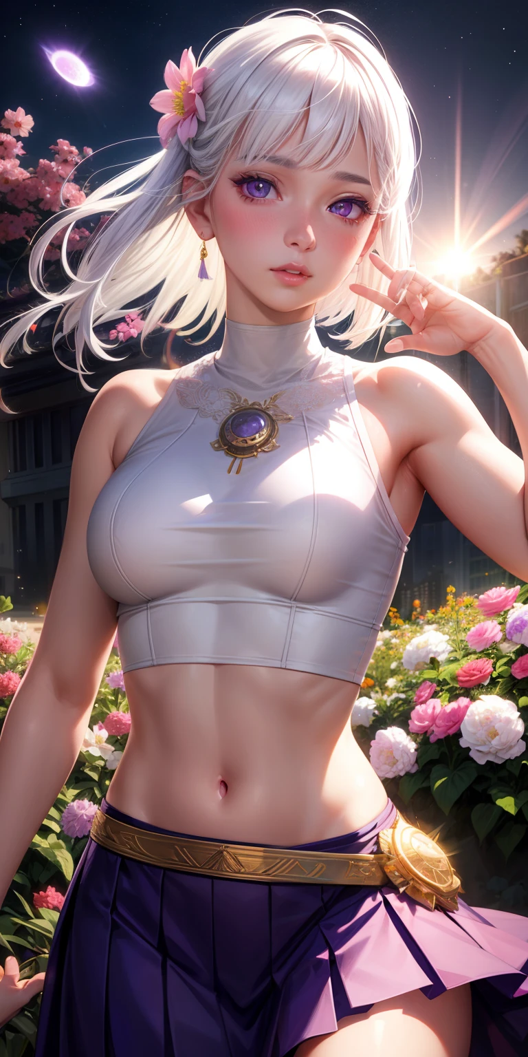 realistic, 1girl, white hair, purple eyes, glowing eyes, crop top, skirt, parted lips, blush, night, flowers, sun, sunlight,