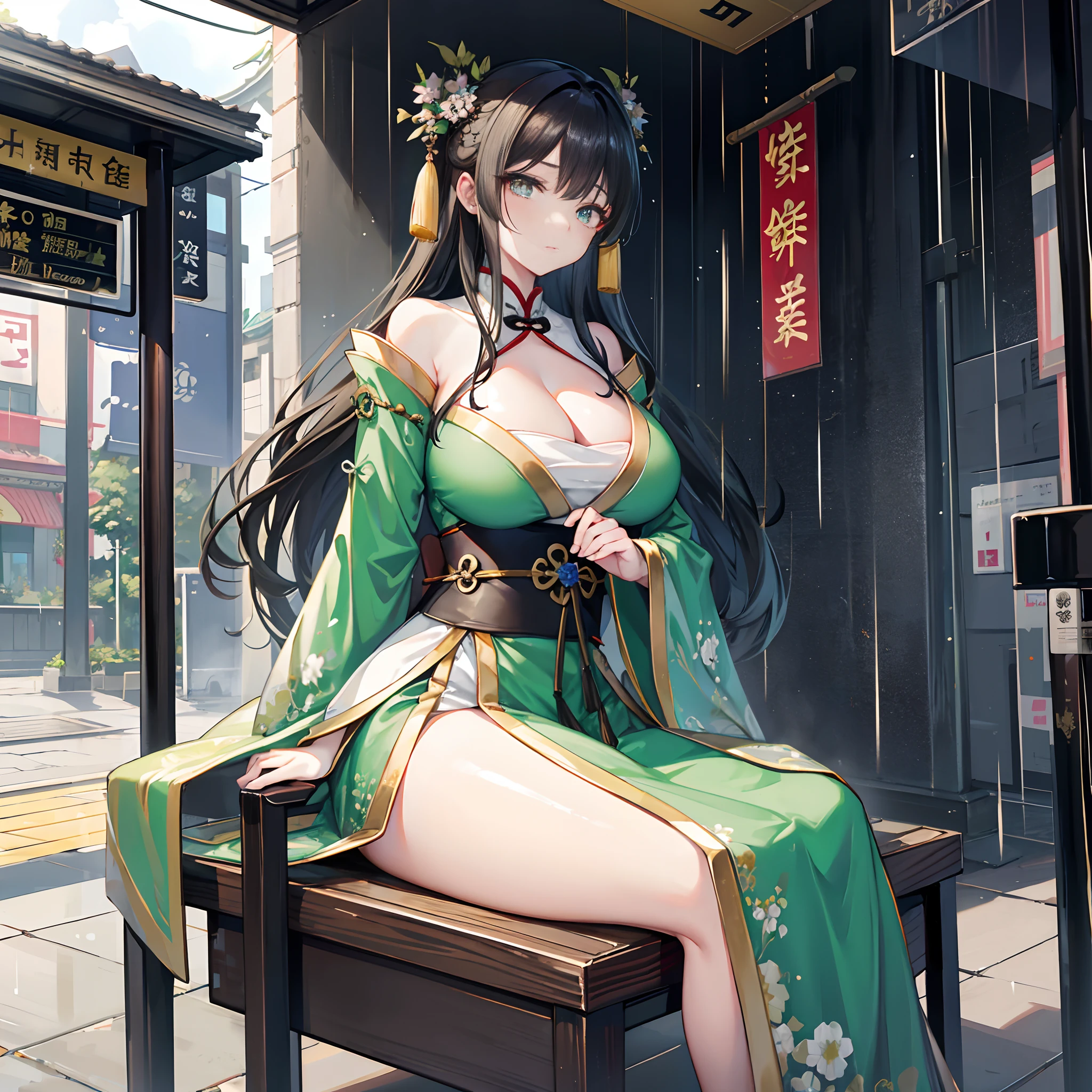 gigantic cleavage breasts，Solo，Gorgeous Hanfu，Green Hanfu，Hanfu，Female Taoist，Chinese medicine，Black hair，Golden pupils，Black leather boots，Sit in a waiting chair at the bus stop，Wait for the bus，Heavy rainy days，Serious expressions