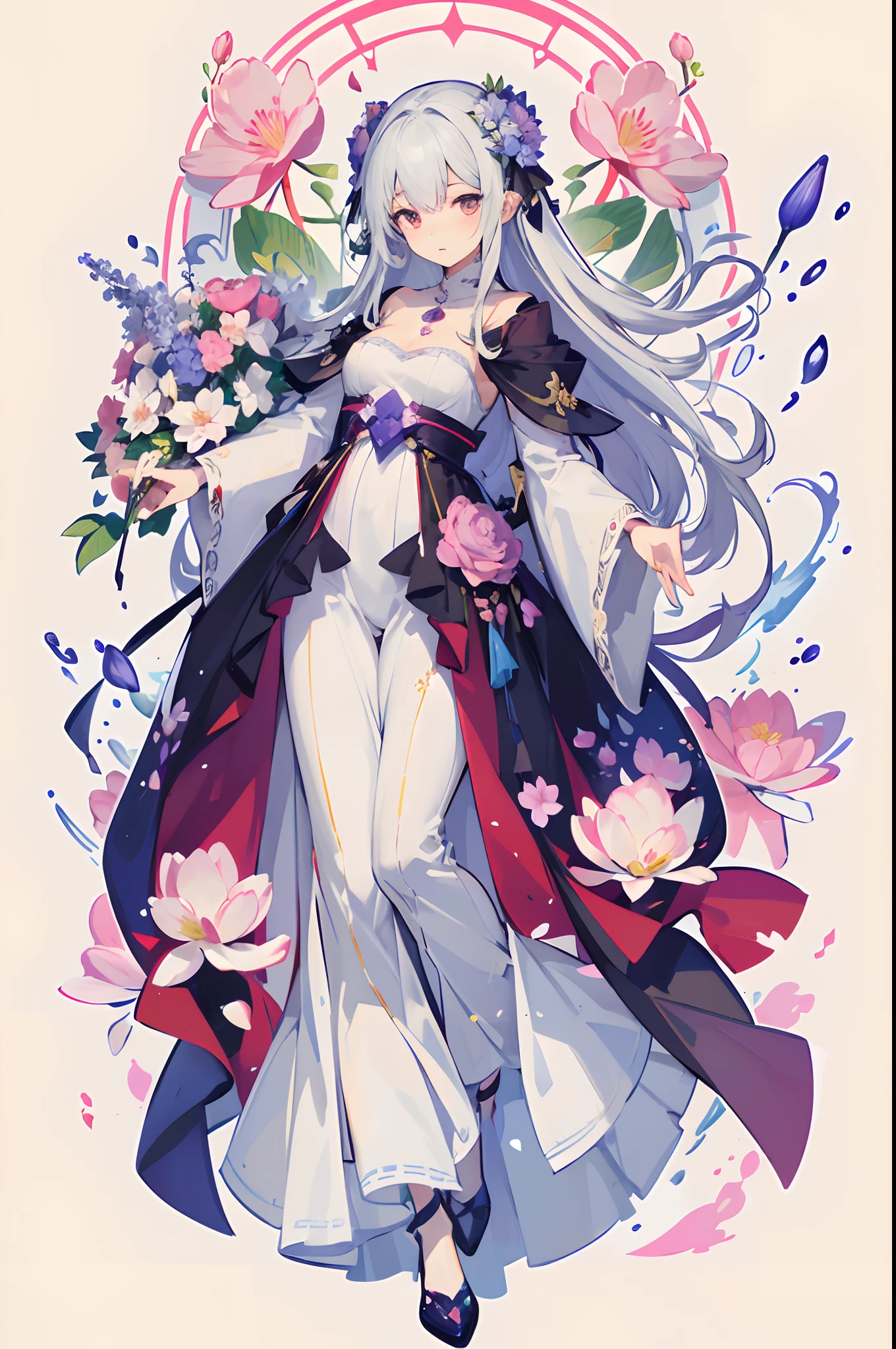 (mouthpiece, of the highest quality, Illustration, Very high quality, extremely delicate writing), Plant-based women, Flowers and whole body, Full body, Lively, No background, One Person, cherry blossom, Rose, hydrangeas, cosmos, tulips, Violet, Water lily flower, walls, sorcerer