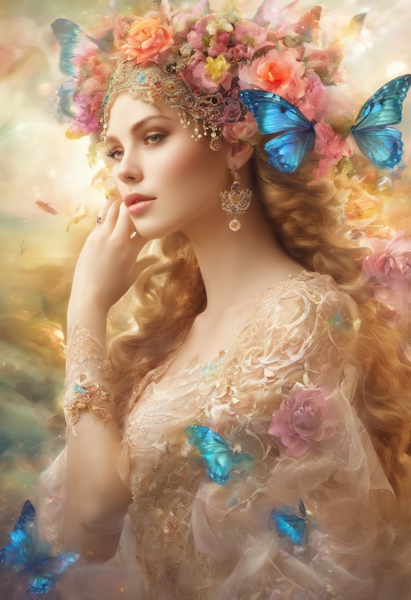 (Masterpiece, Top quality, Best quality, offcial art, Beautiful and aesthetic:1.2), (1girll), extreme detailed details,(Fractal art:1.3),Colorful,highest details,Upper body, [Lace],[jewelry],[flower],[[Butterfly]],