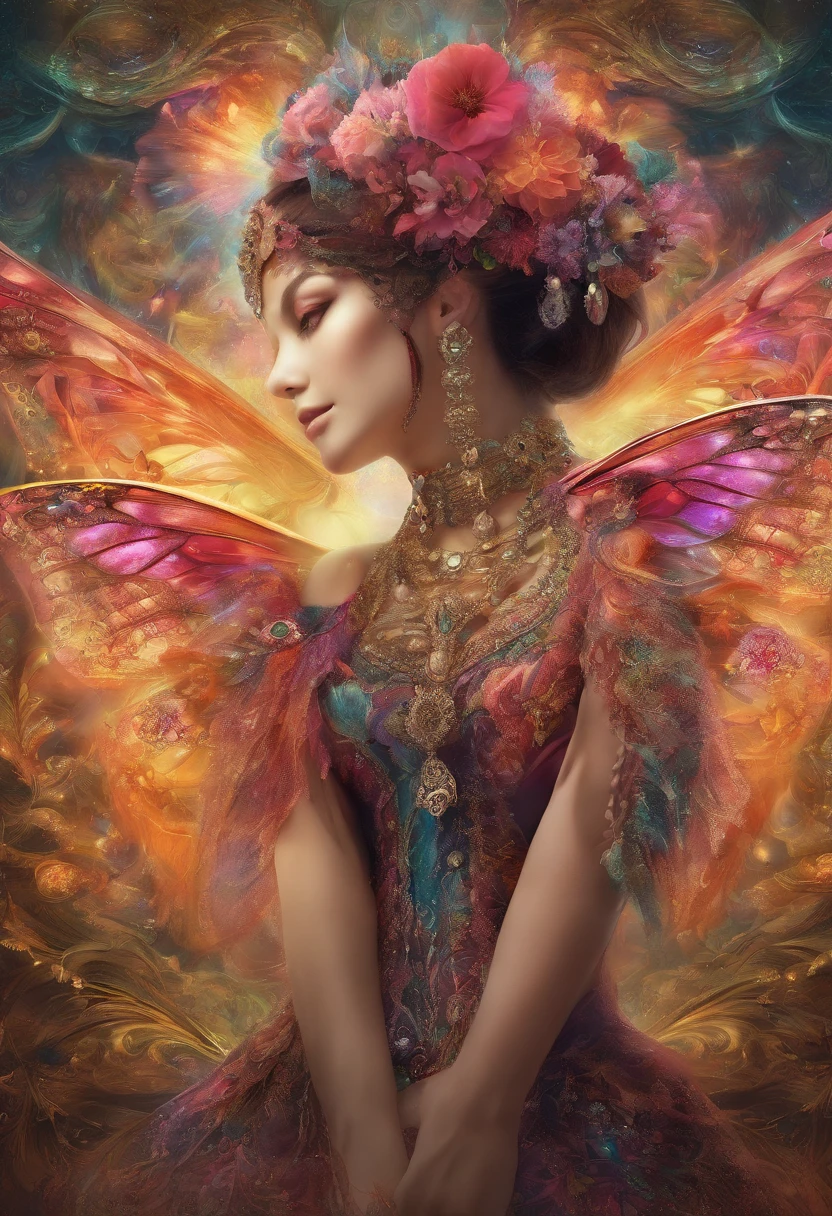 (Masterpiece, Top quality, Best quality, offcial art, Beautiful and aesthetic:1.2), (1girll), extreme detailed details,(Fractal art:1.3),Colorful,highest details,Upper body, [Lace],[jewelry],[flower],[[Butterfly]],
