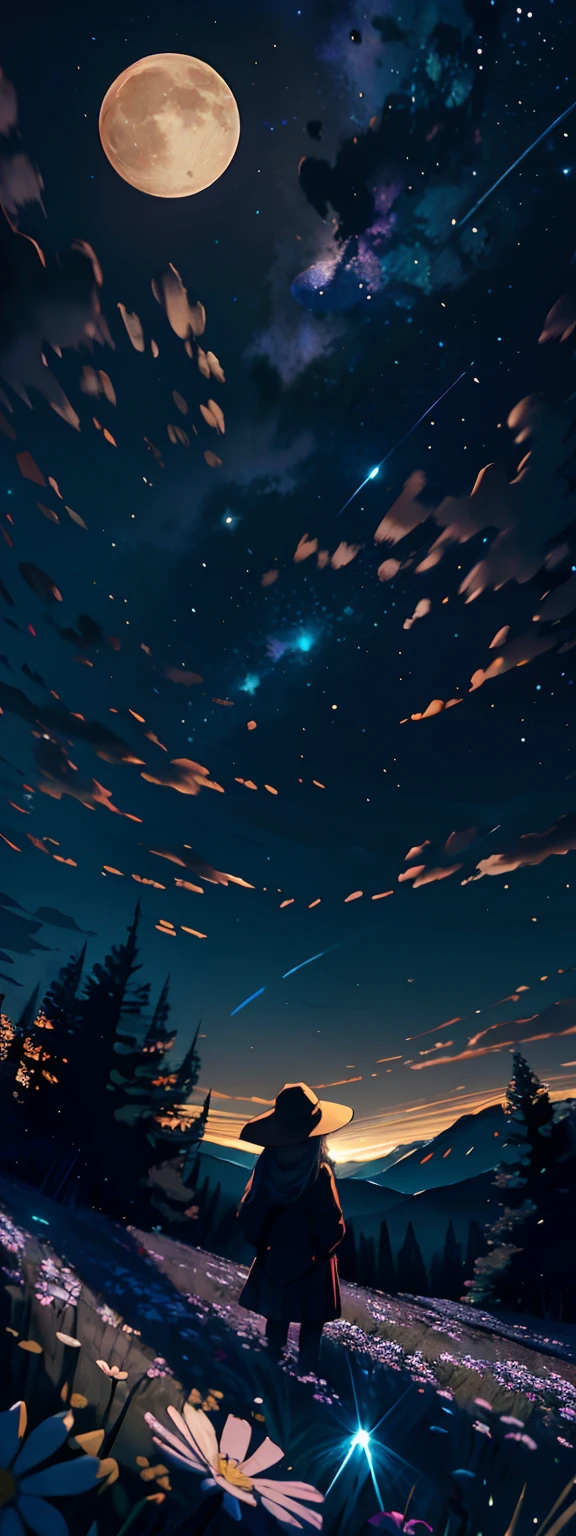 Expansive landscape photograph, (view from below with a view of the sky and the wilderness below), little girl standing in a flower field looking up, (full moon: 1.2), (shooting star: 0.9), (nebula: 1.3), distant mountain, tree break production art, (warm light source: 1.2), (firefly: 1.2), lamp, purple and orange, intricate detail, volume lighting BREAK (masterpiece: 1.2), (highest quality ), 4k, ultra-detailed, (dynamic configuration: 1.4), highly detailed and colorful details (iridescent: 1.2), (sparkling lighting, atmospheric lighting), dreamy, magical, (solo: 1.2)
