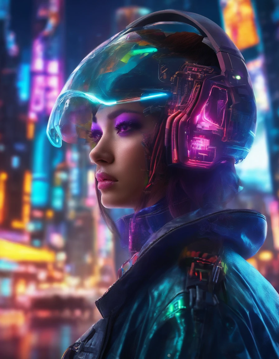 a beautiful woman,Wearing a translucent holographic helmet,There are projections of text and pictures on it,Close-up of the head,The background is the world of the future,k hd,the detail