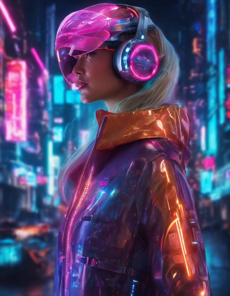a beautiful  woman，Wearing a translucent holographic helmet，There are projections of text and pictures on it，Close-up of the head，The background is the world of the future，k hd，the detail