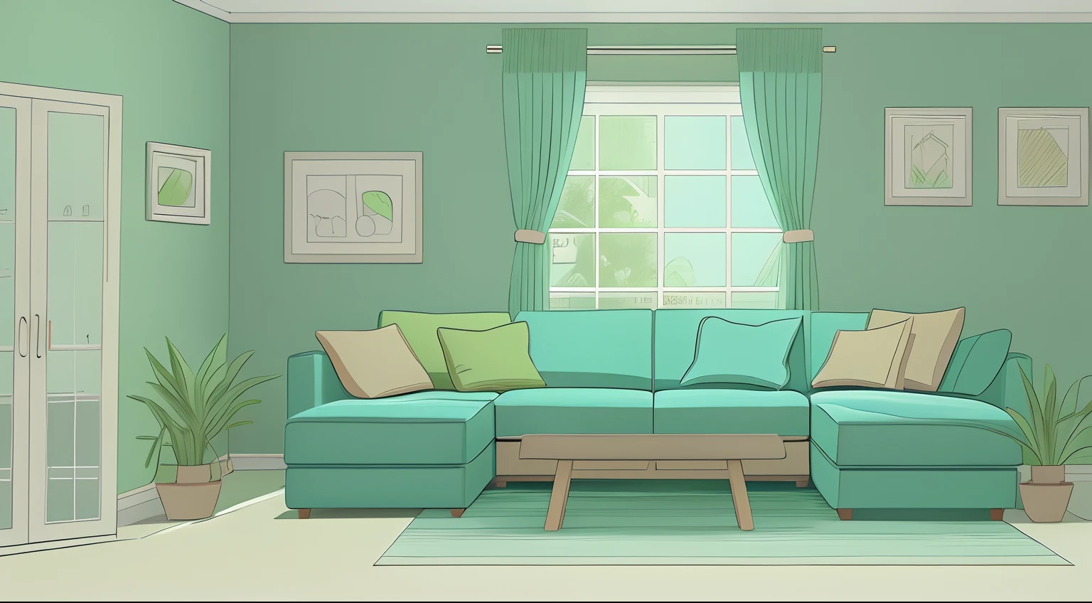 Living room Blue sofa Green curtains 2D anime