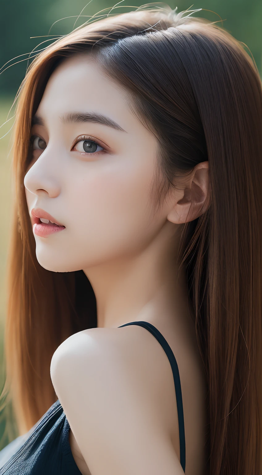 (detailed and realistic portrait of a girl with a clean face), (round eyes and long flutters hair shot outside),staring at camera,magical photography, with dramatic lighting, photo realism, Ultra-detailed, intimate portrait composition, (centered image composition),(close up shot:1.6),Best Quality,f/1. 8, 85mm,((Top Quality, 8K, masterpiece :1.3)), 1woman, Pretty woman with emphasizing slender abs :1.3, (Random hairstyles :1.2), oversized tank top:1.2, hyper detailed face, detailled eyes, Double eyelidd, Underarms