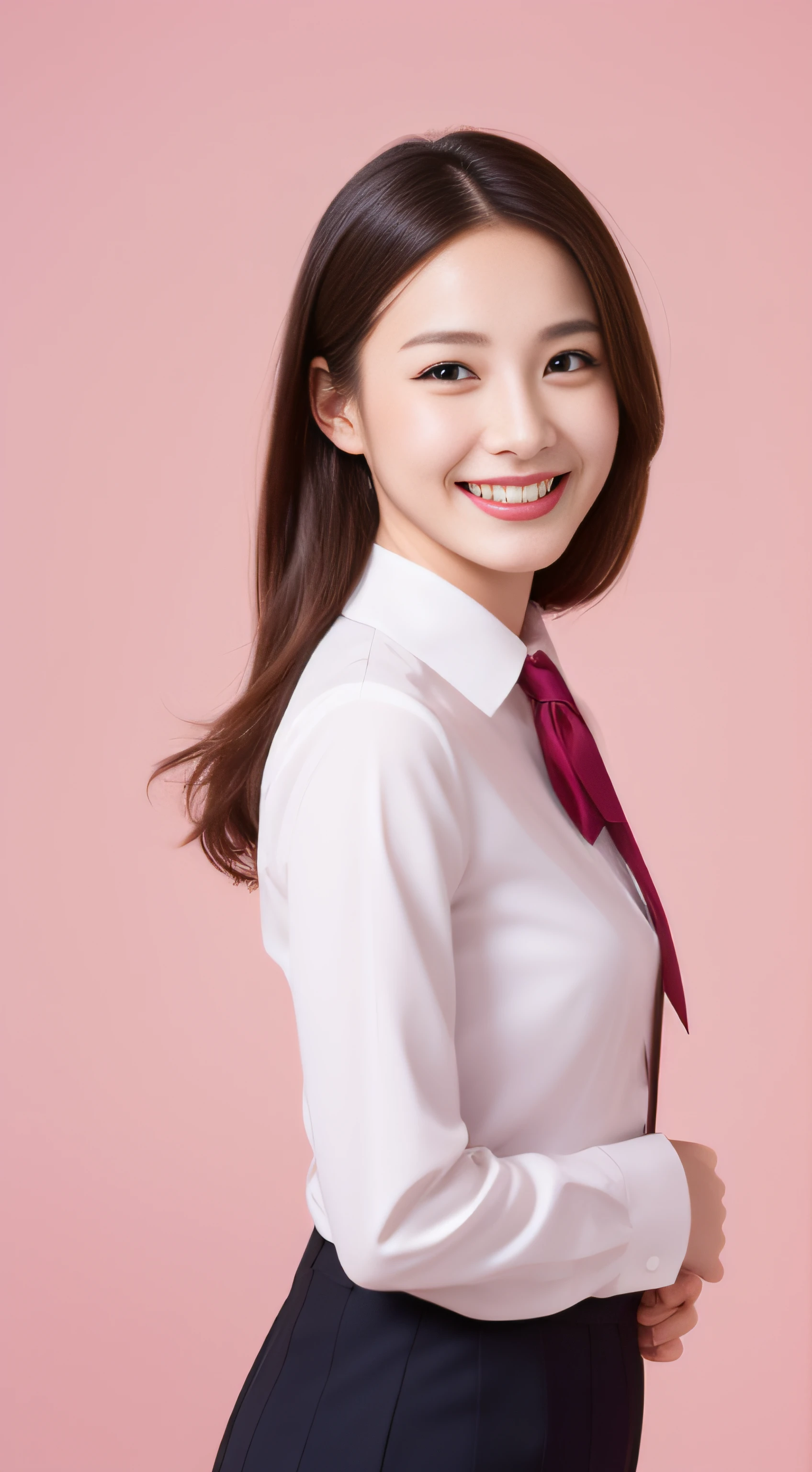 Miss Cabaret、Cabin Attendant Uniform、hiquality、A hyper-realistic、healthy、Smiling expression、Slender perfect figure、Japan beauties、beautidful eyes、face perfect、Beautiful skin、Pink background