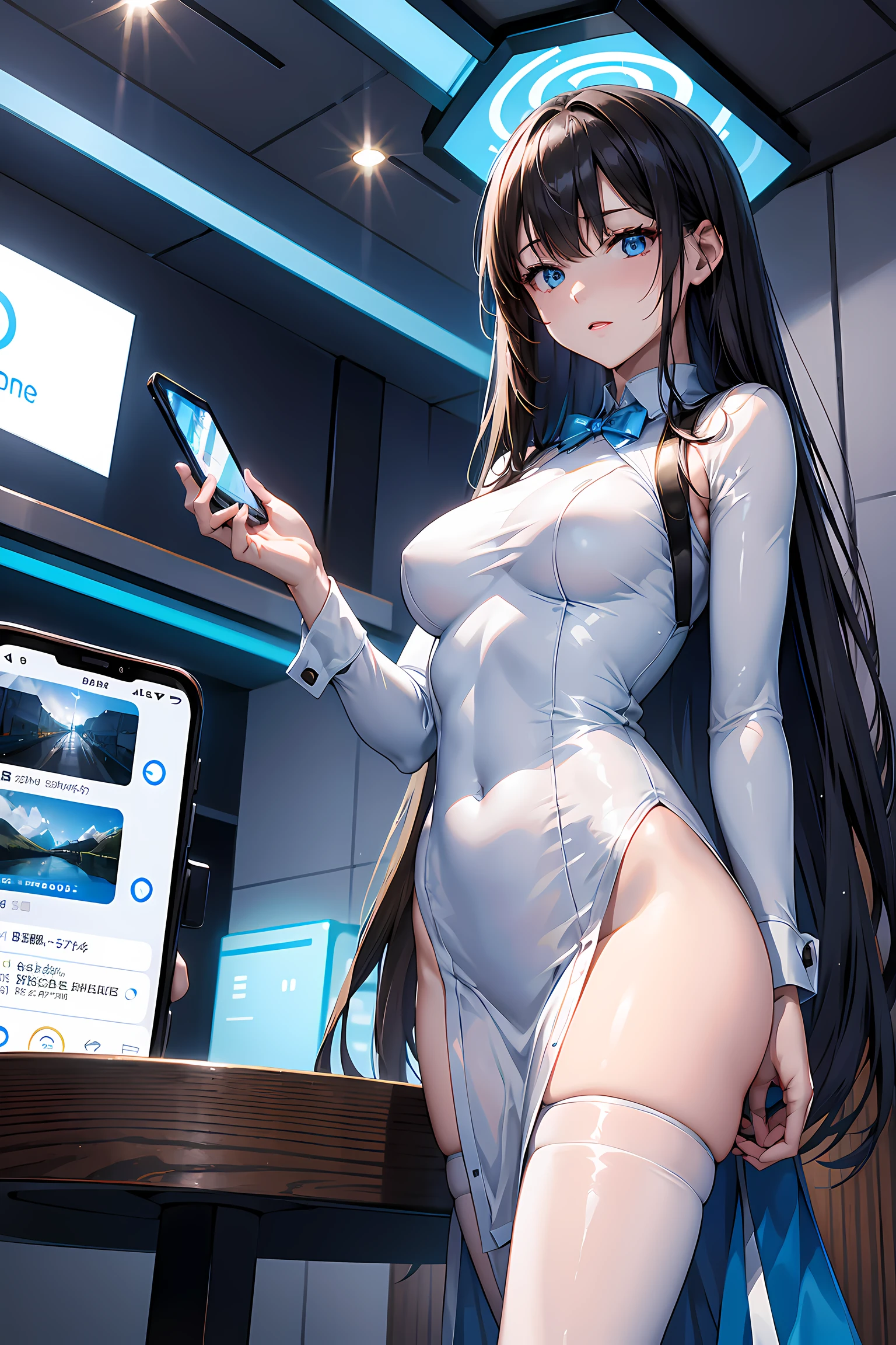 Smartphone design、Next-generation smartphones、Transparent body、Holographic dial、Carry it on your arm、Female android with smartphone on arm、Smartphone exhibitions、Event Venues、Android Companion、Projecting holograms from a smartphone mounted on an arm、Introducing smartphones、simple white backgorund, stylish table, Smartphone on display on the table、Female android wearing formal suit made up of white and blue,