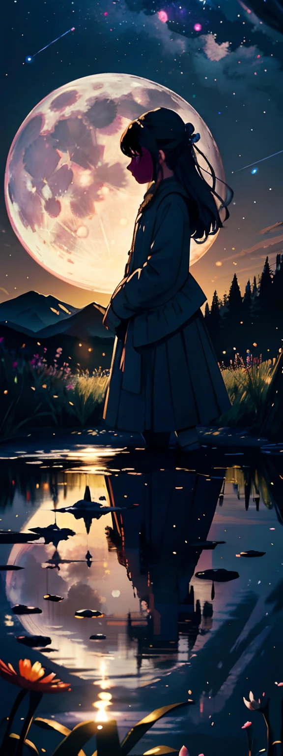 Expansive landscape photograph, (view from below with a view of the sky and the wilderness below), little girl standing in a flower field looking up, (full moon: 1.2), (shooting star: 0.9), (nebula: 1.3), distant mountain, tree break production art, (warm light source: 1.2), (firefly: 1.2), lamp, purple and orange, intricate detail, volume lighting BREAK (masterpiece: 1.2), (highest quality ), 4k, ultra-detailed, (dynamic configuration: 1.4), highly detailed and colorful details (iridescent: 1.2), (sparkling lighting, atmospheric lighting), dreamy, magical, (solo: 1.2)