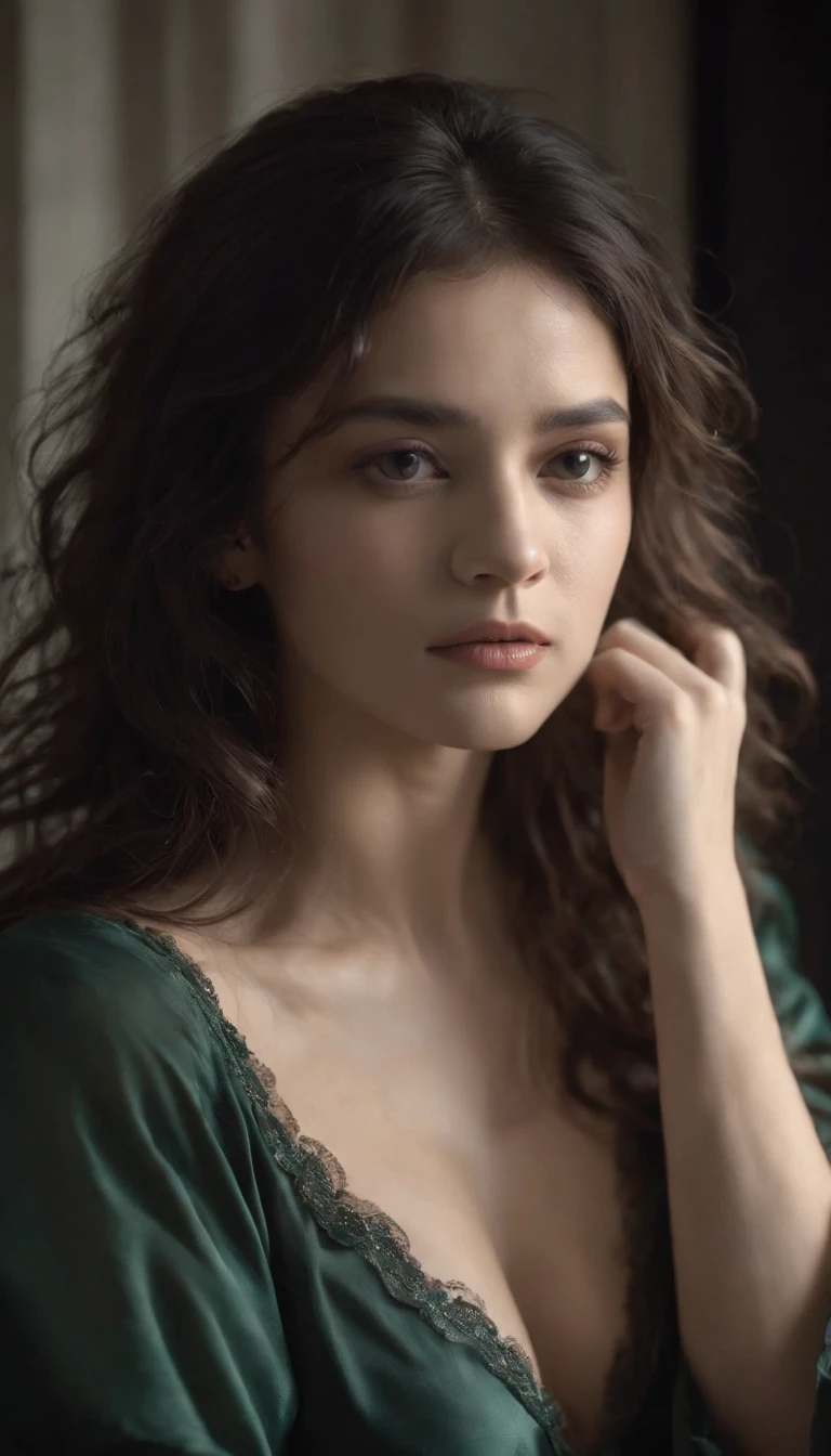1girl,light and shadow,messy hair,light curly hair,black hair,((drak green tone)), silk nightgown,small breasts,holding own arm,upper body,half face in the dark,black and white theme,professional photography photos,strong chioscuro contrast,fashion magazine cover,melancholy tone,expressionless,contempt,dark bedroom,against wall,shaded_face,disgust,dynamic pose,dynamic angle,