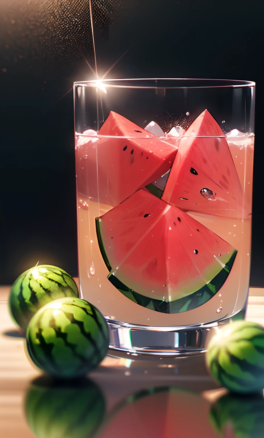 Wallpapers, poster, Drinks, Ice Cubes, Watermelon, Tropical Plants, Hot Weather, HD Detail, Moist Watermark, Ultra Detail, Movie, Hyper Realism, Soft Light, Deep Focus Bokeh, Ray Tracing, Diffuse (Ultrafine Glass Reflection) and surrealism --niji 5