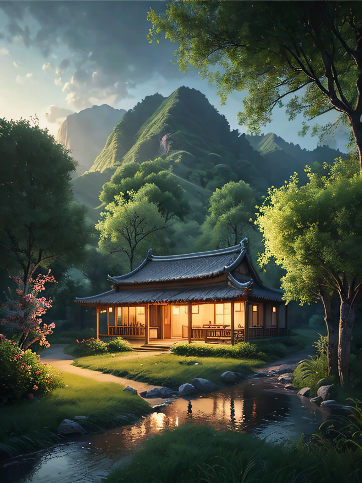 In the 80s of the 19th century, Rural China，Adobe brick house，Single-storey low-rise house，There is a painting of a house with a patio and a table, Detailed scenery —width 672, immensely detailed scene, Multidimensional cozy little yard, highly detailed scenario, high detal), hyper detailed scene, high detal, realistic 3 d style，cozy place, peaceful scene，Works of masters，Anime background art，ghibli studio art