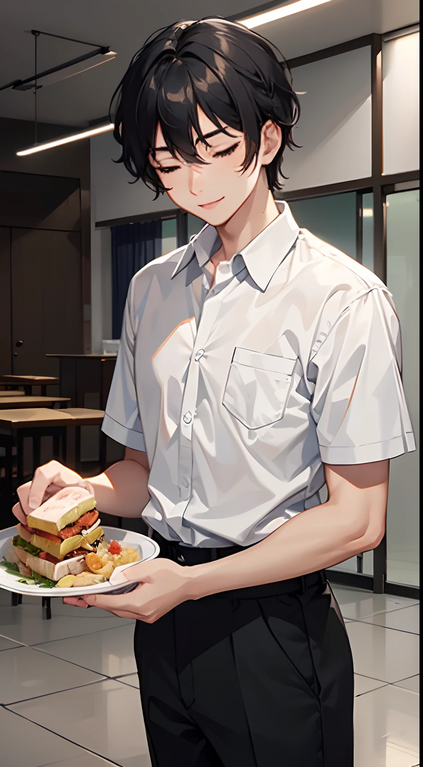 1 boy 19 years old, eyes closed, black hair, gentle smile, white school shirt, black khaki pants, neat clothes, tuck in shirt, satisfied face, hand holding a plate of rice, a plate of rice, school canteen background, crowded, many students, food stalls, eyes looking at a plate of rice, from the front, standing, extremely detailed, best graphics, 8k, ultrasharp, masterpiece