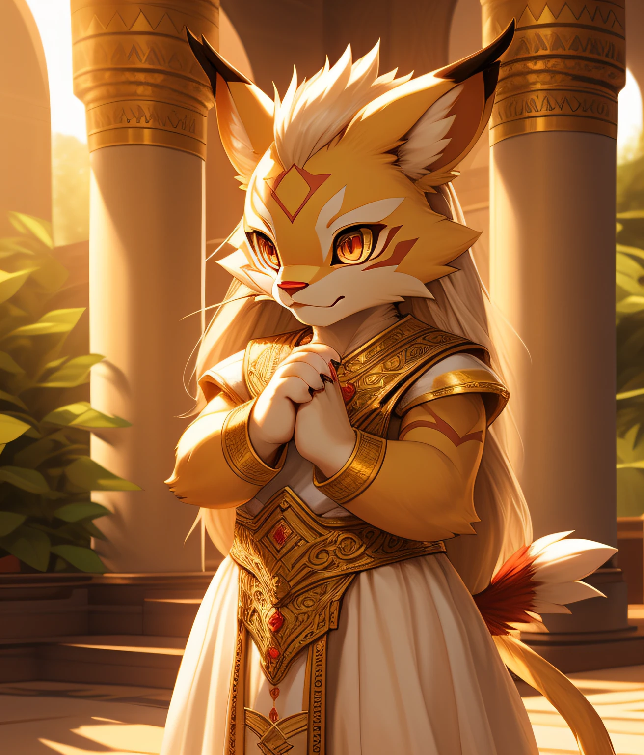 FEMALE, nj5furry, ( Leomon, female, child, adorable), Leomon, ((extremely realistic shadows, masterpiece, extremely detailed, photorealistic)), LITTLE GIRL. nj5furry, (6 year old girl)), ((full body)) female, kemono girl, graceful, childlike physique, royal girl ((PRINCESS)), 6 years old, relaxed posture, friendly expression, kind, cute and detailed, tender, image of the same cuteness, white ruffled shirt, ornate fabric white skirt, long hair elegantly combed back, red nose, gold eyes, Arabian-style palace behind him with a beautiful garden.